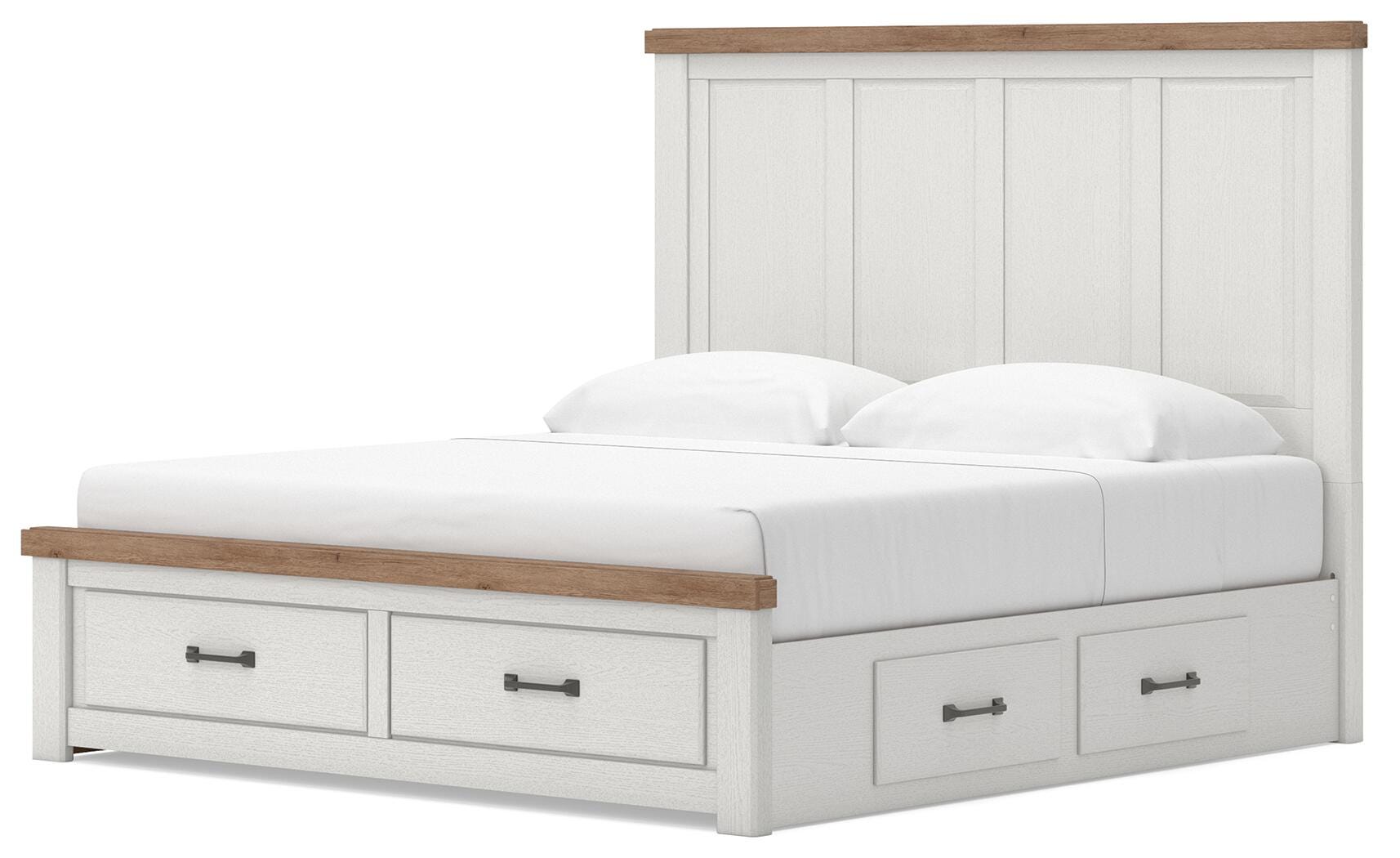 Savonport White/Brown King Panel Storage Bed w/ 2 Under Bed Storage (Online Special Price)