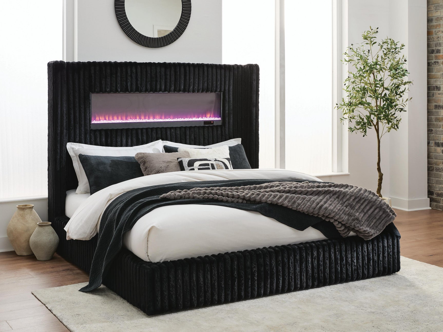Agrander Black Queen Upholstered Bed with Fireplace and Wireless Audio