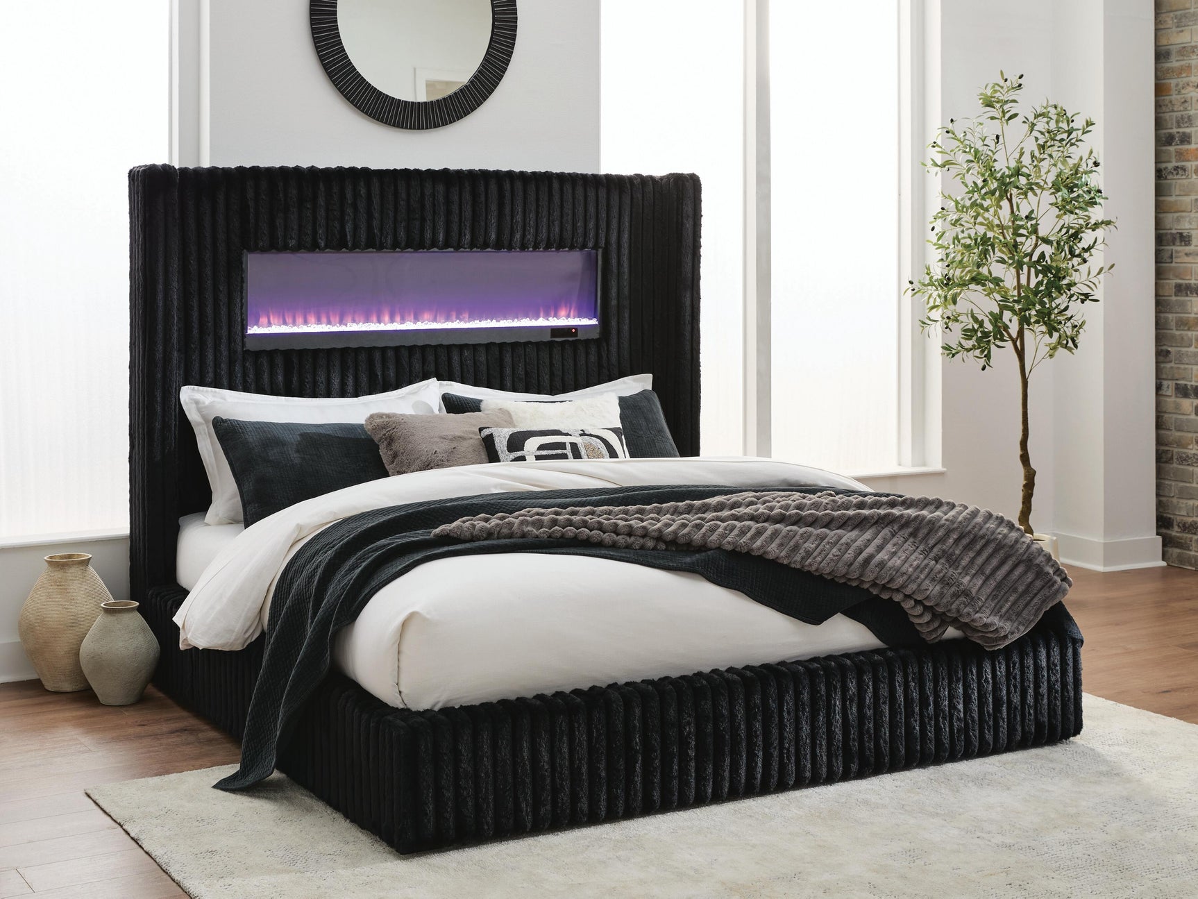 Agrander Black King Upholstered Bed with Fireplace and Wireless Audio (Online Special Price)