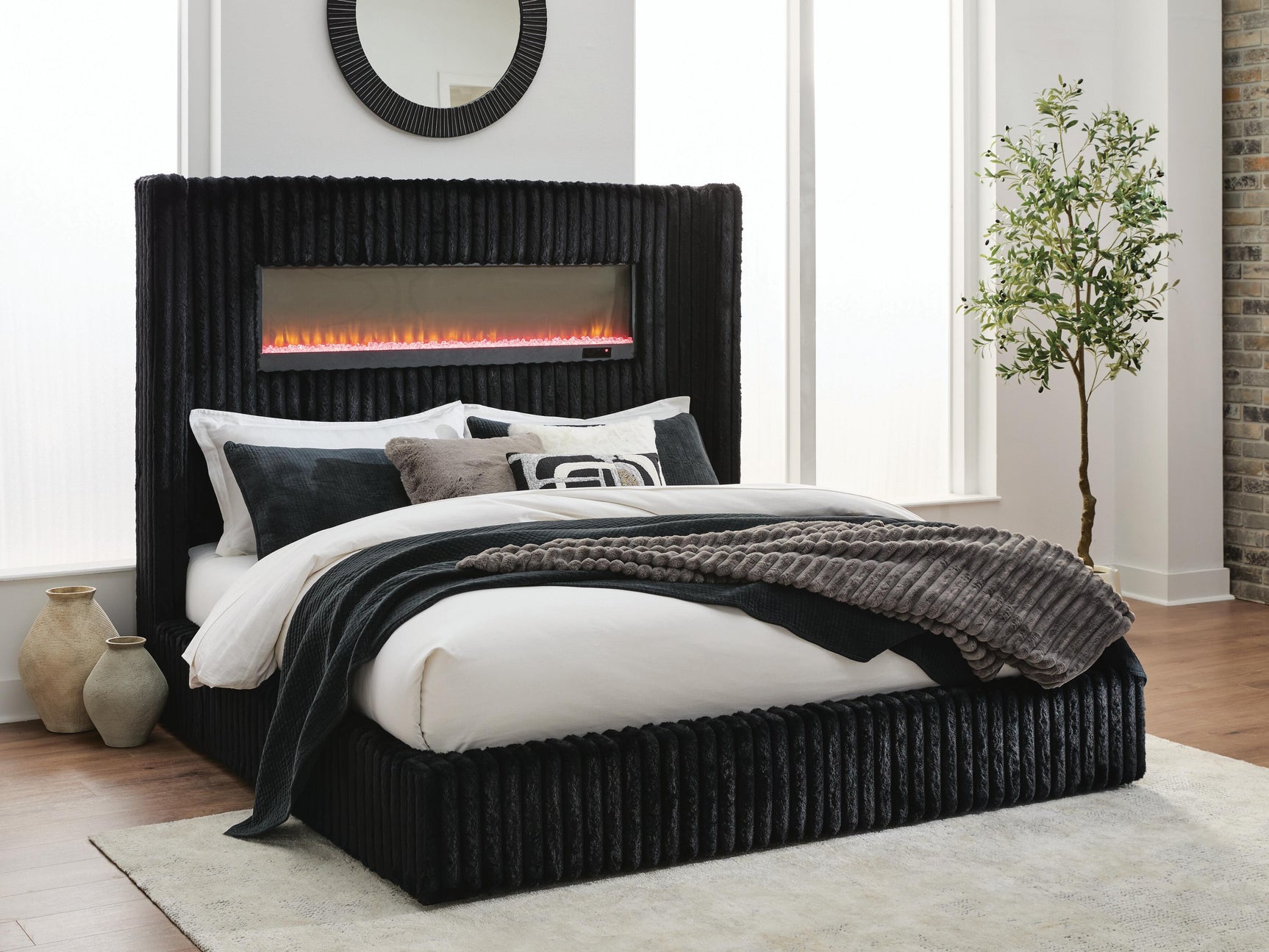 Agrander Black Queen Upholstered Bed with Fireplace and Wireless Audio (Online Special Price)