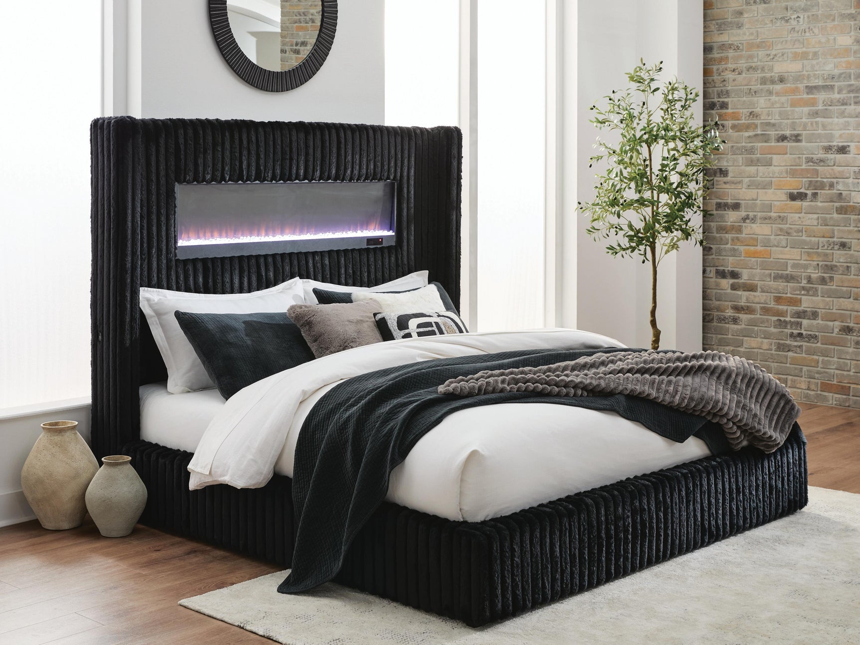 Agrander Black Queen Upholstered Bed with Fireplace and Wireless Audio (Online Special Price)