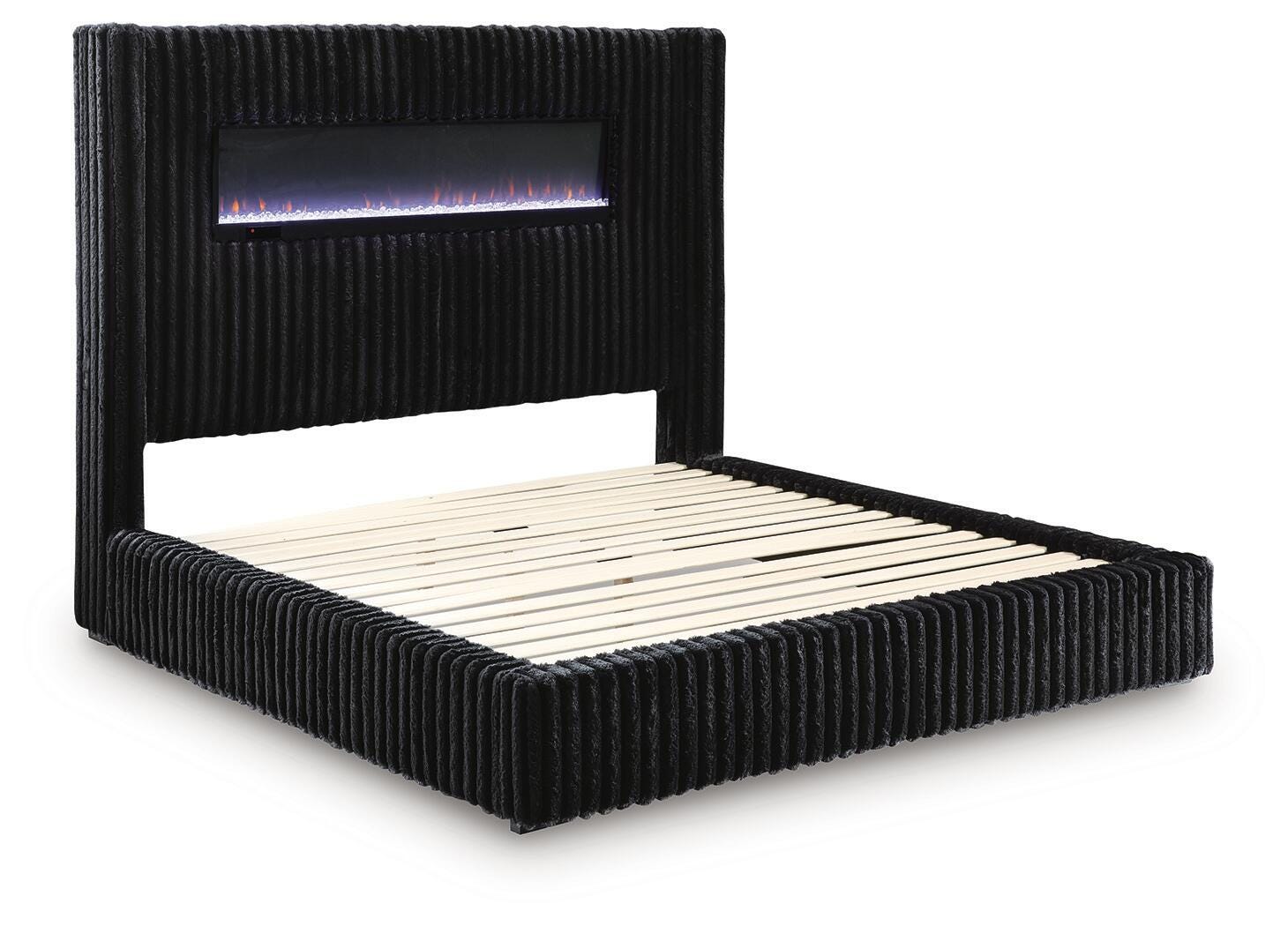 Agrander Black Queen Upholstered Bed with Fireplace and Wireless Audio