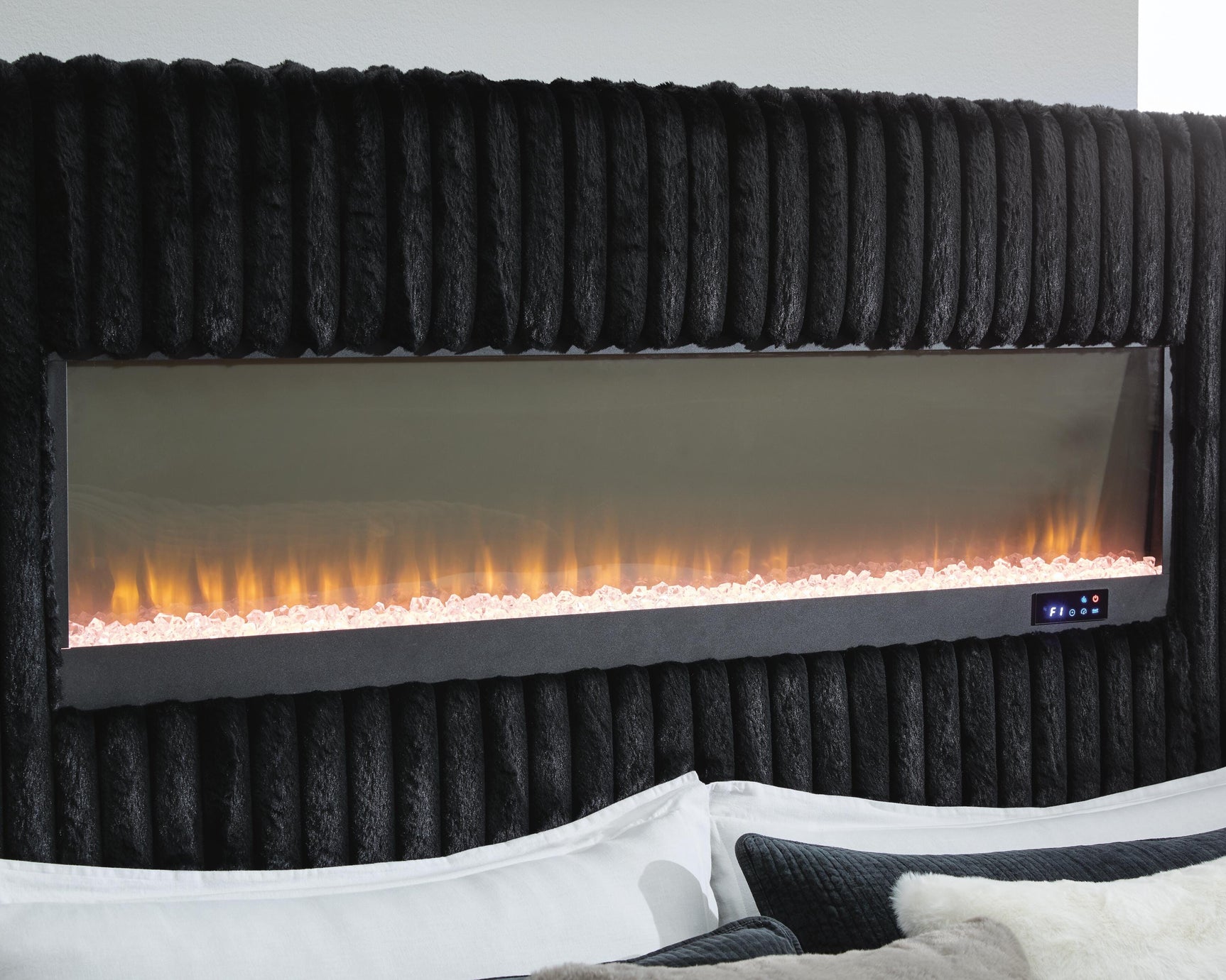 Agrander Black Queen Upholstered Bed with Fireplace and Wireless Audio