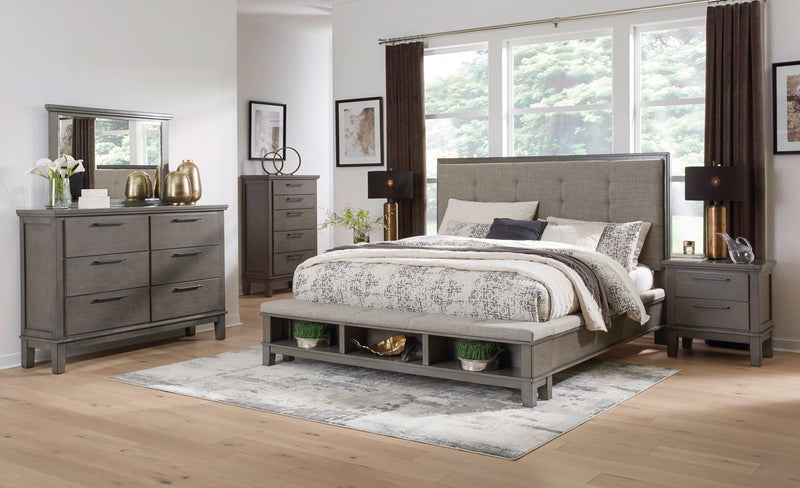 Hallanden Gray & Taupe Uph. Panel Bed w/ Storage Footboard - Ornate Home