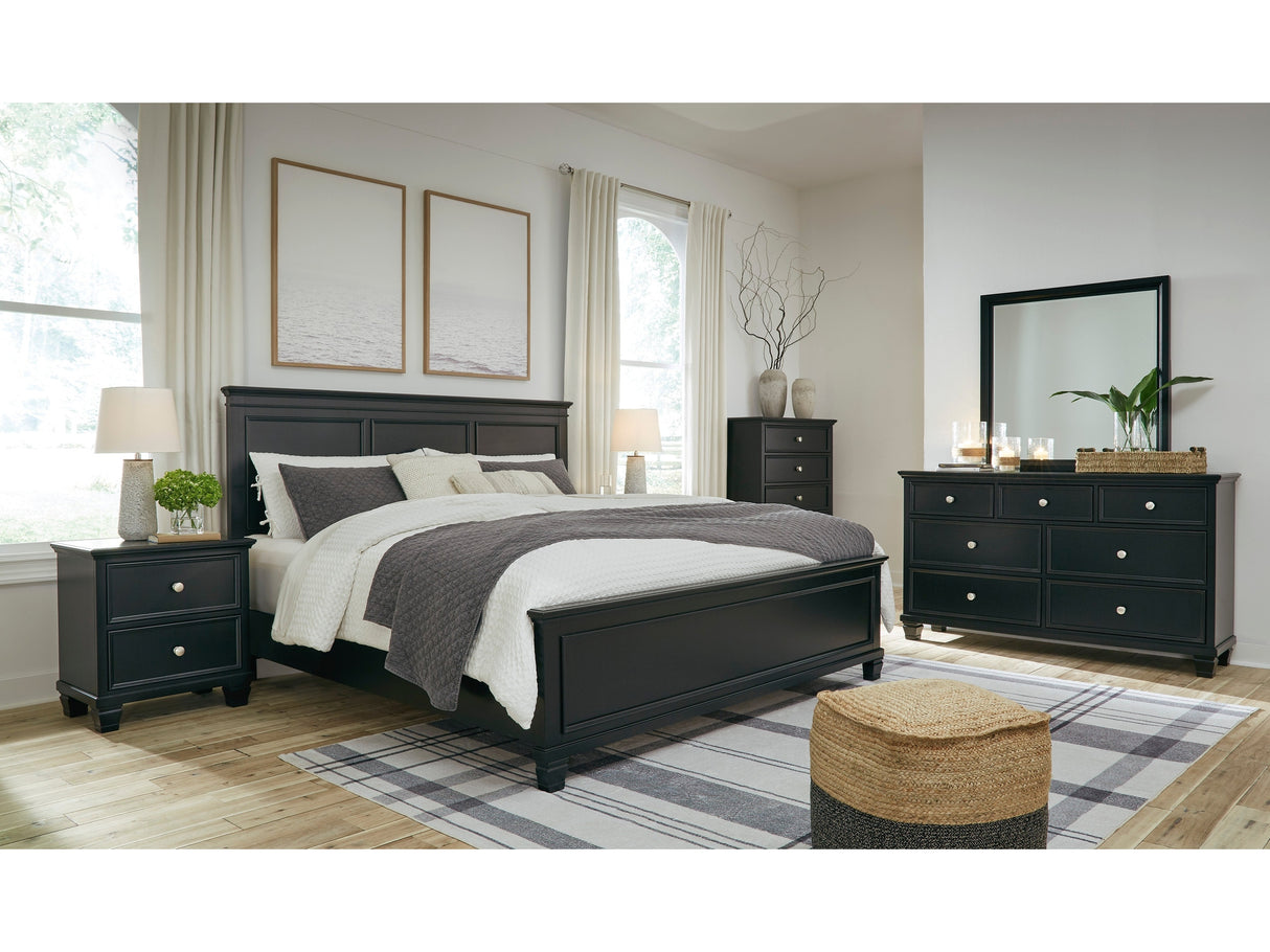 Lanolee Black King Panel Bed with Mirrored Dresser and Nightstand - Ornate Home