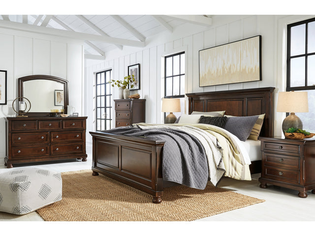 Porter California King Panel Bedroom Set with Dresser, Mirror, Chest and 2 Nightstands - Ornate Home