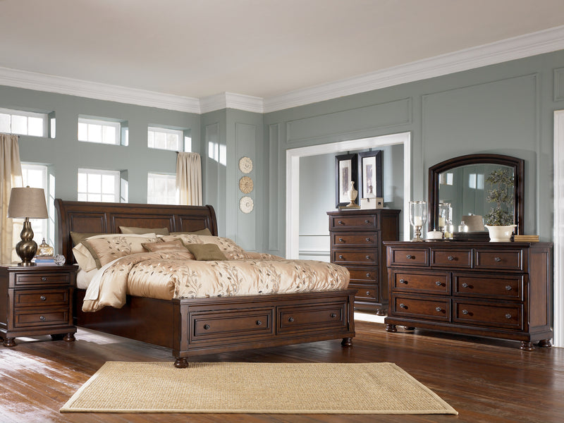 Porter Rustic Brown King Sleigh Storage Bedroom Set with Dresser and Mirror - Ornate Home