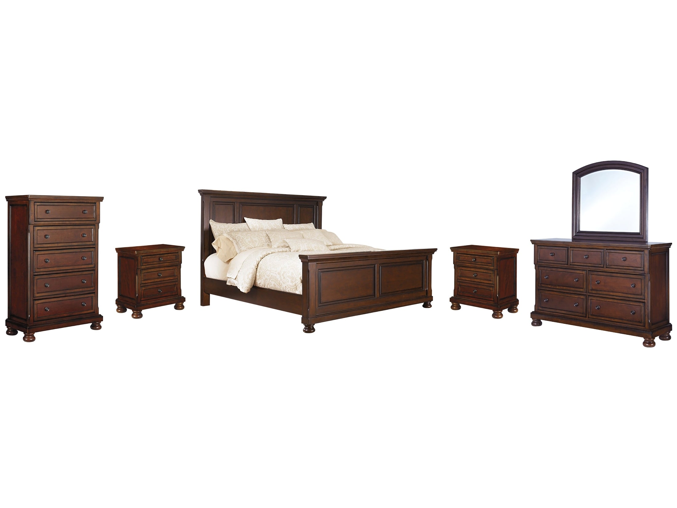 Porter Queen Panel Bedroom Set with Dresser, Mirror, Chest and 2 Nightstands - Ornate Home