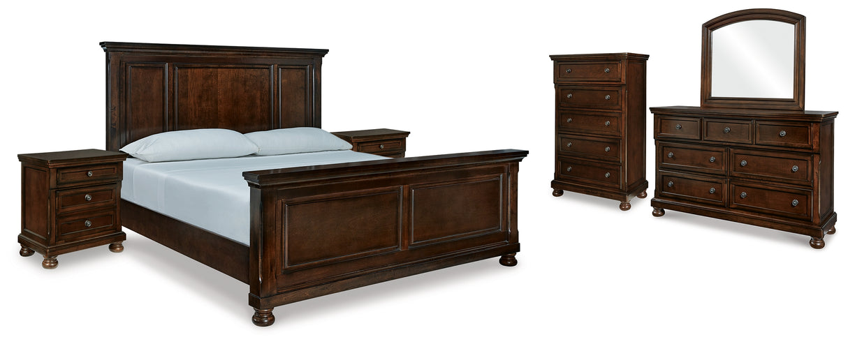 Porter California King Panel Bedroom Set with Dresser, Mirror, Chest and 2 Nightstands - Ornate Home