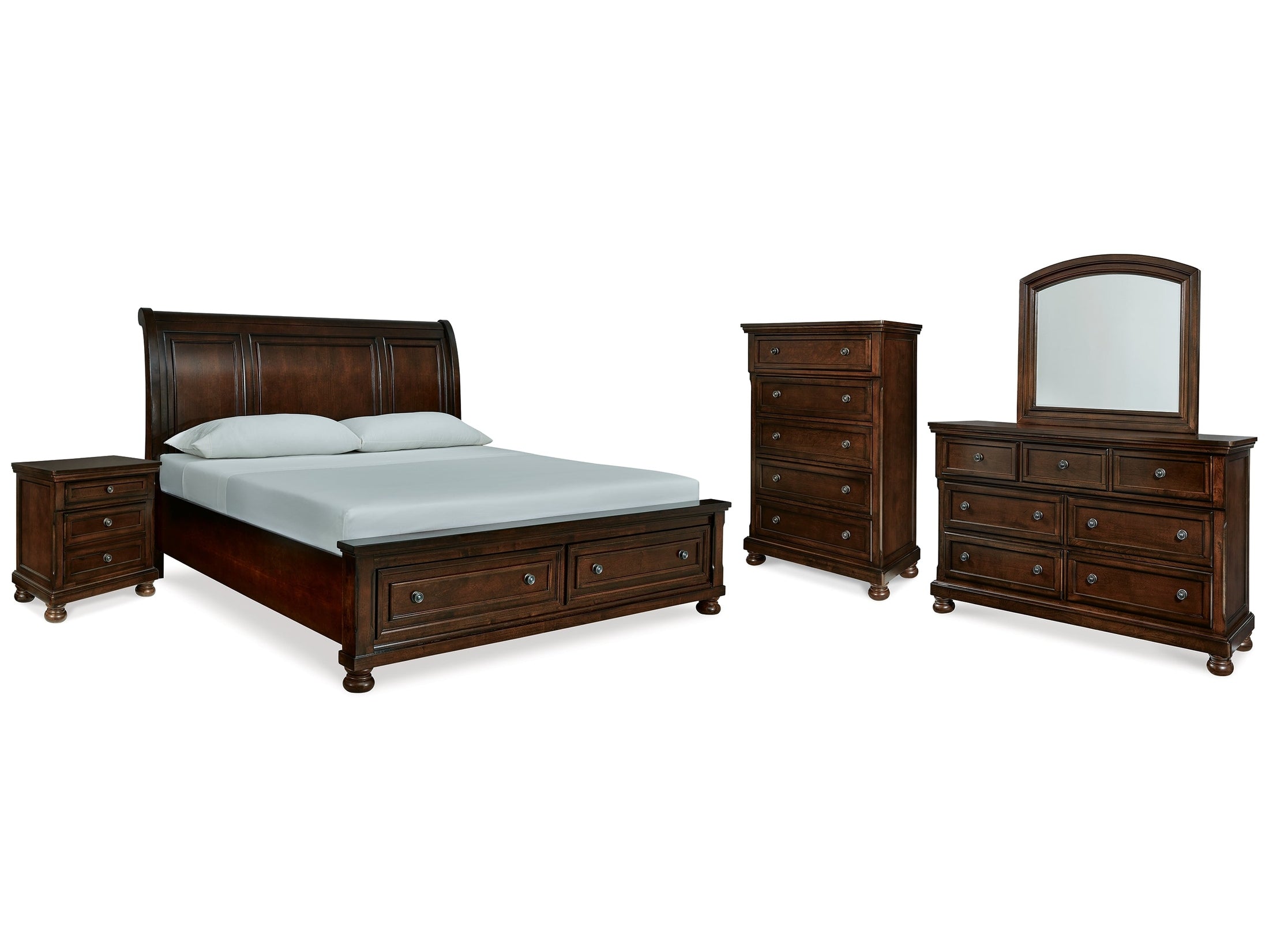 Porter Rustic Brown King Sleigh Bedroom Set with Dresser, Mirror, Chest and Nightstand - Ornate Home