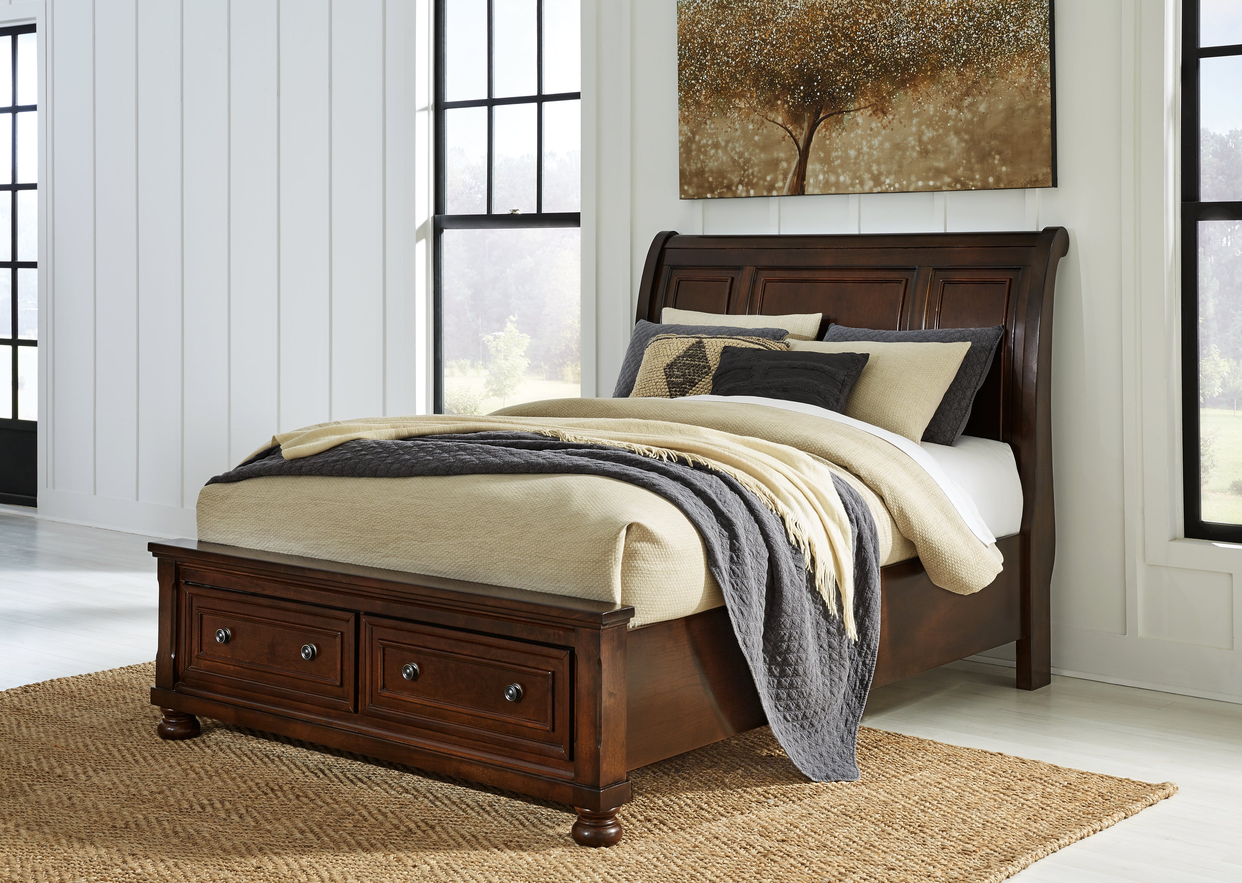 Porter Rustic Brown Queen Sleigh Storage Bedroom Set with Dresser, Mirror and Nightstand - Ornate Home