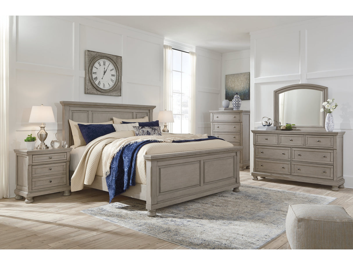 Lettner Light Gray King Panel Bedroom Set with Dresser, Mirror and 2 Nightstands - Ornate Home