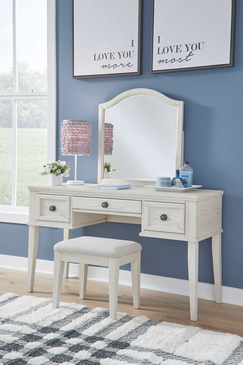 Robbinsdale Antique White Mirrored Vanity Desk w/ Stool - Ornate Home