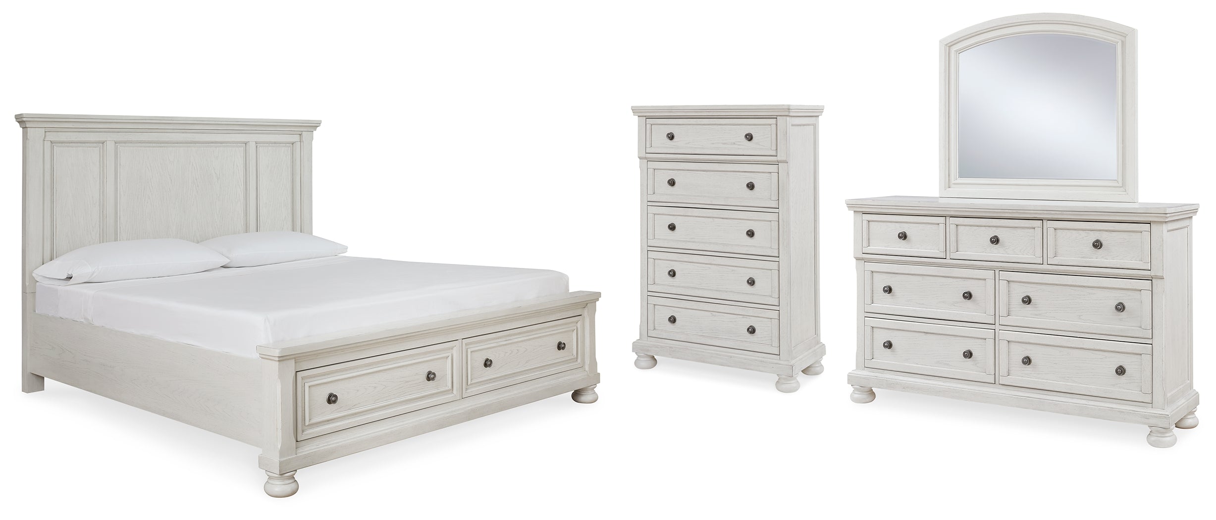 Robbinsdale White Queen Panel Storage Bedroom Set with Dresser, Mirror and Chest - Ornate Home