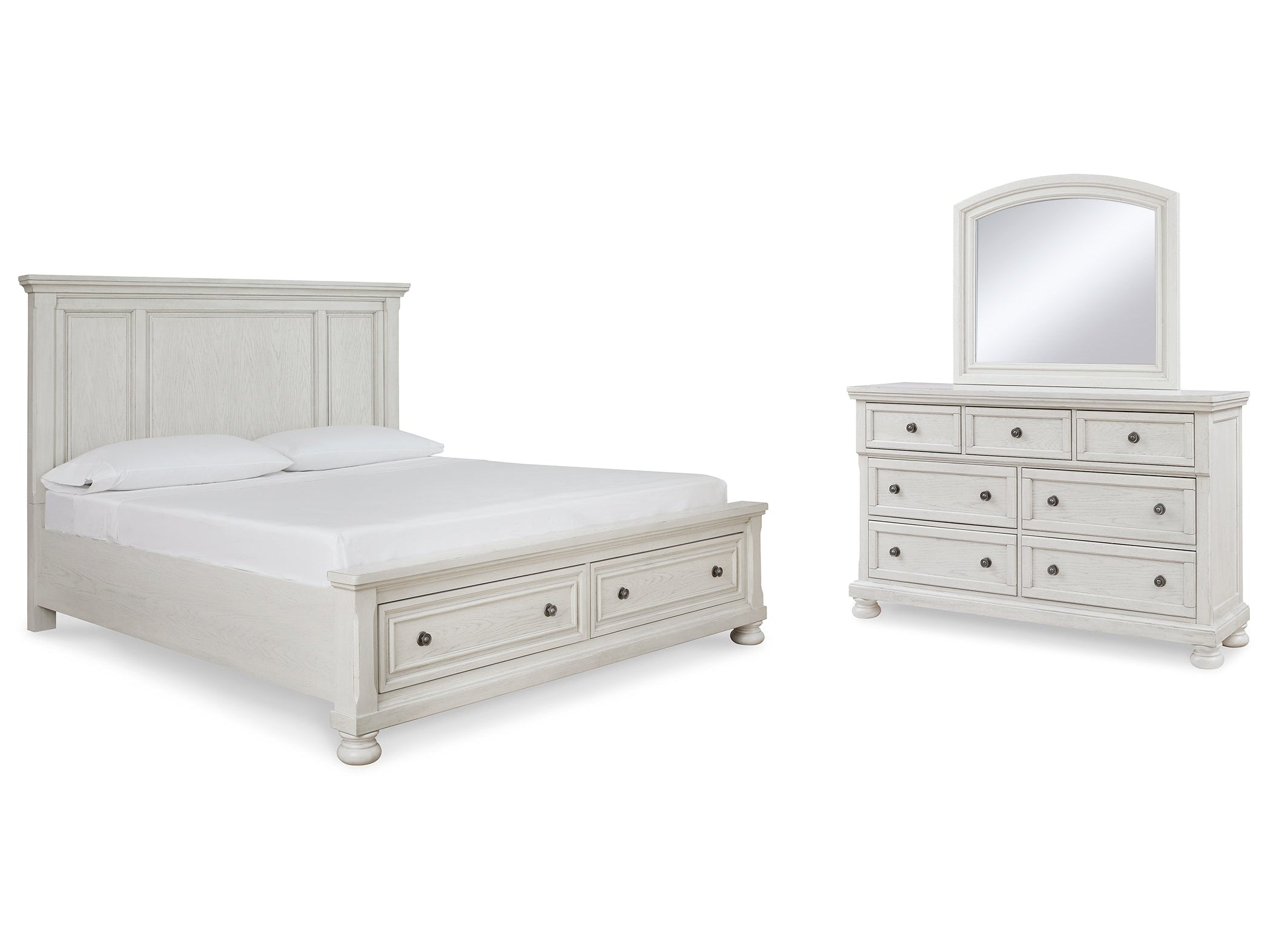 Robbinsdale White King Panel Storage Bedroom Set with Dresser and Mirror - Ornate Home