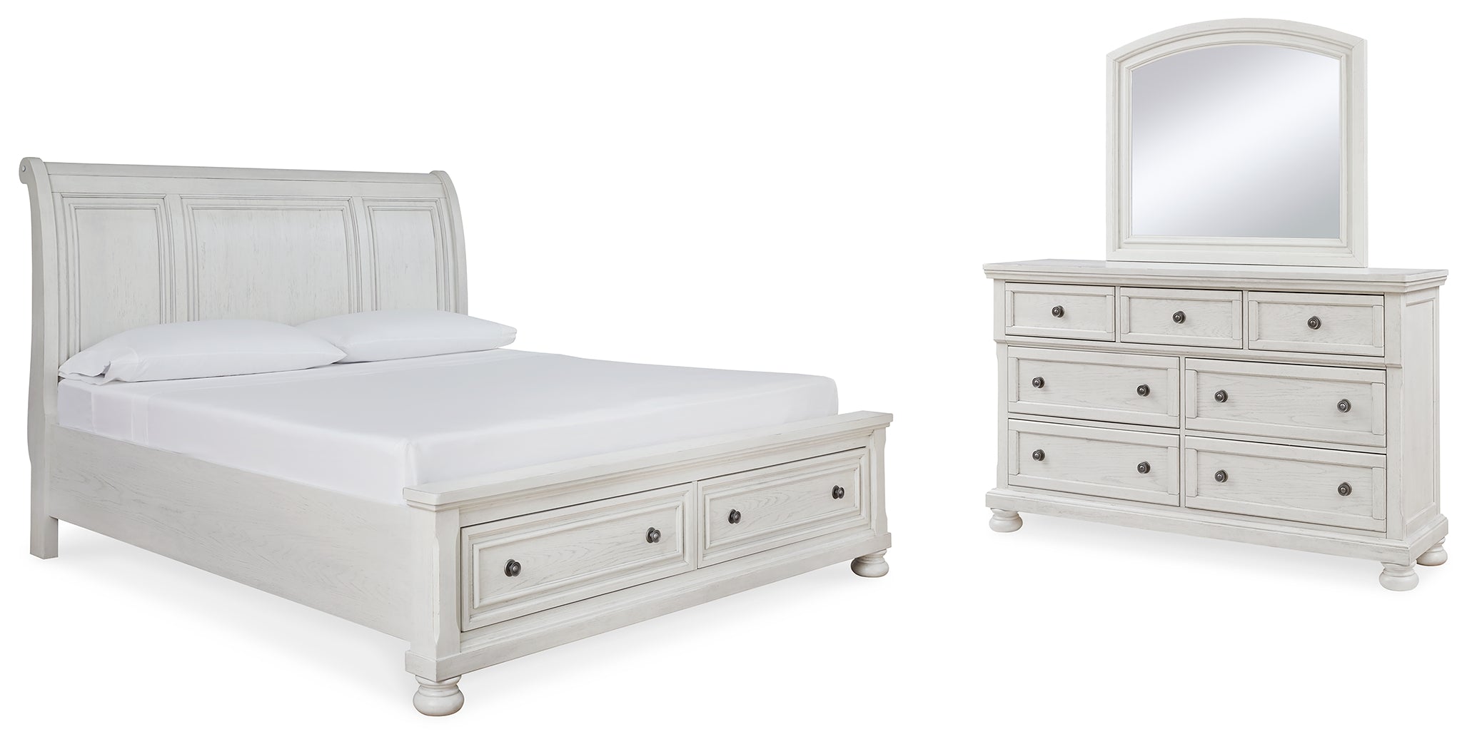 Robbinsdale White Queen Sleigh Storage Bedroom Set with Dresser and Mirror - Ornate Home