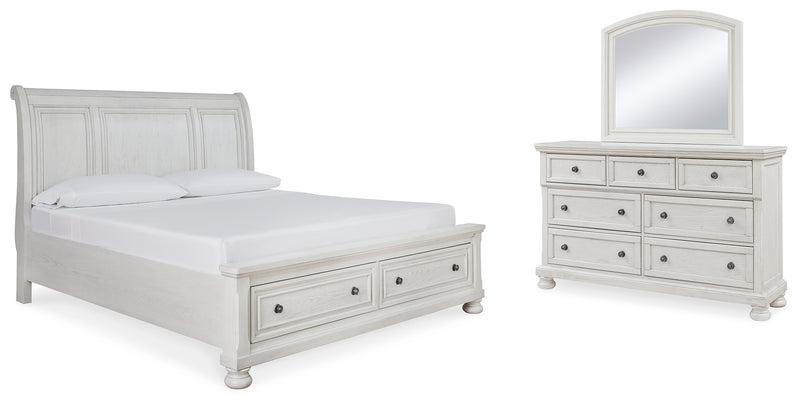 Robbinsdale White King Sleigh Storage Bedroom Set with Dresser and Mirror - Ornate Home