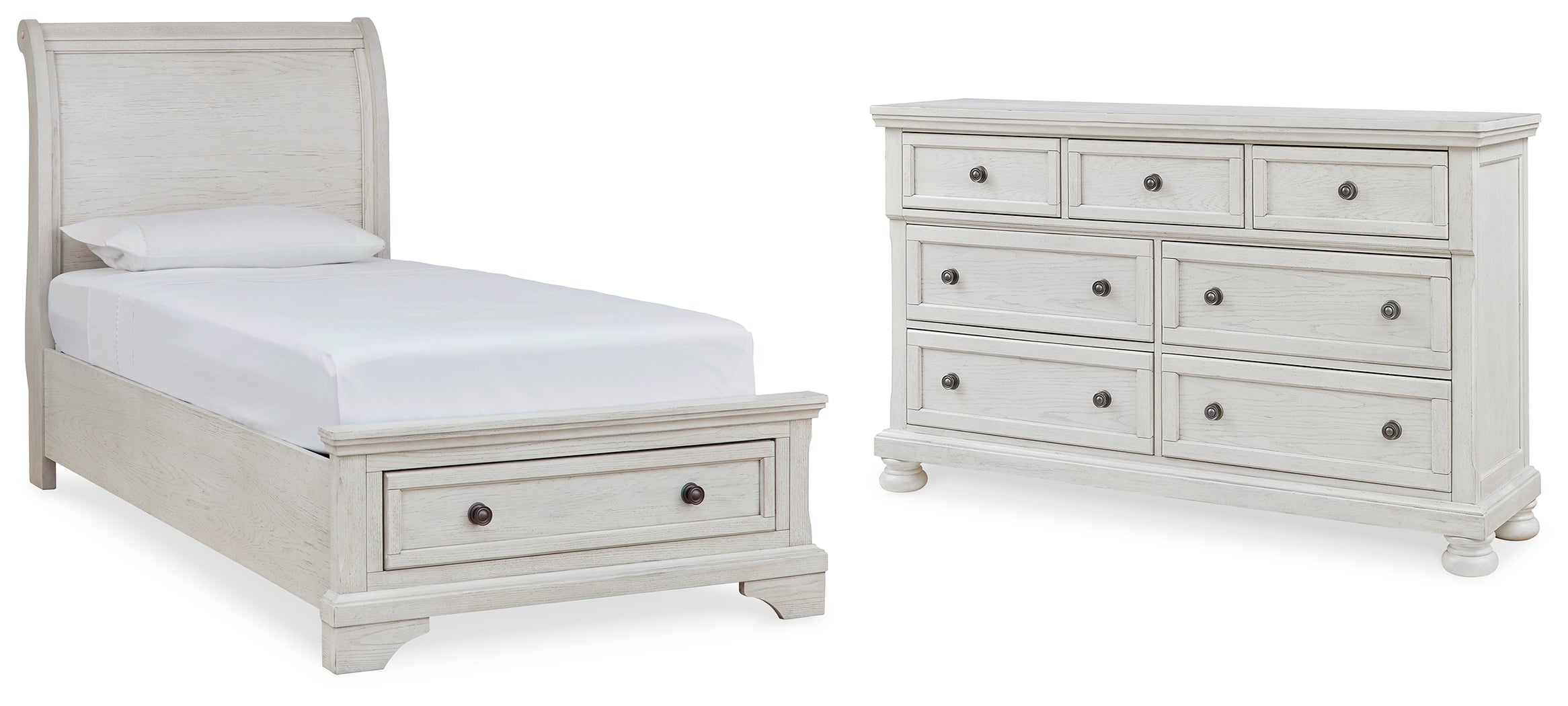 Robbinsdale White Twin Sleigh Storage Bedroom Set with Dresser - Ornate Home