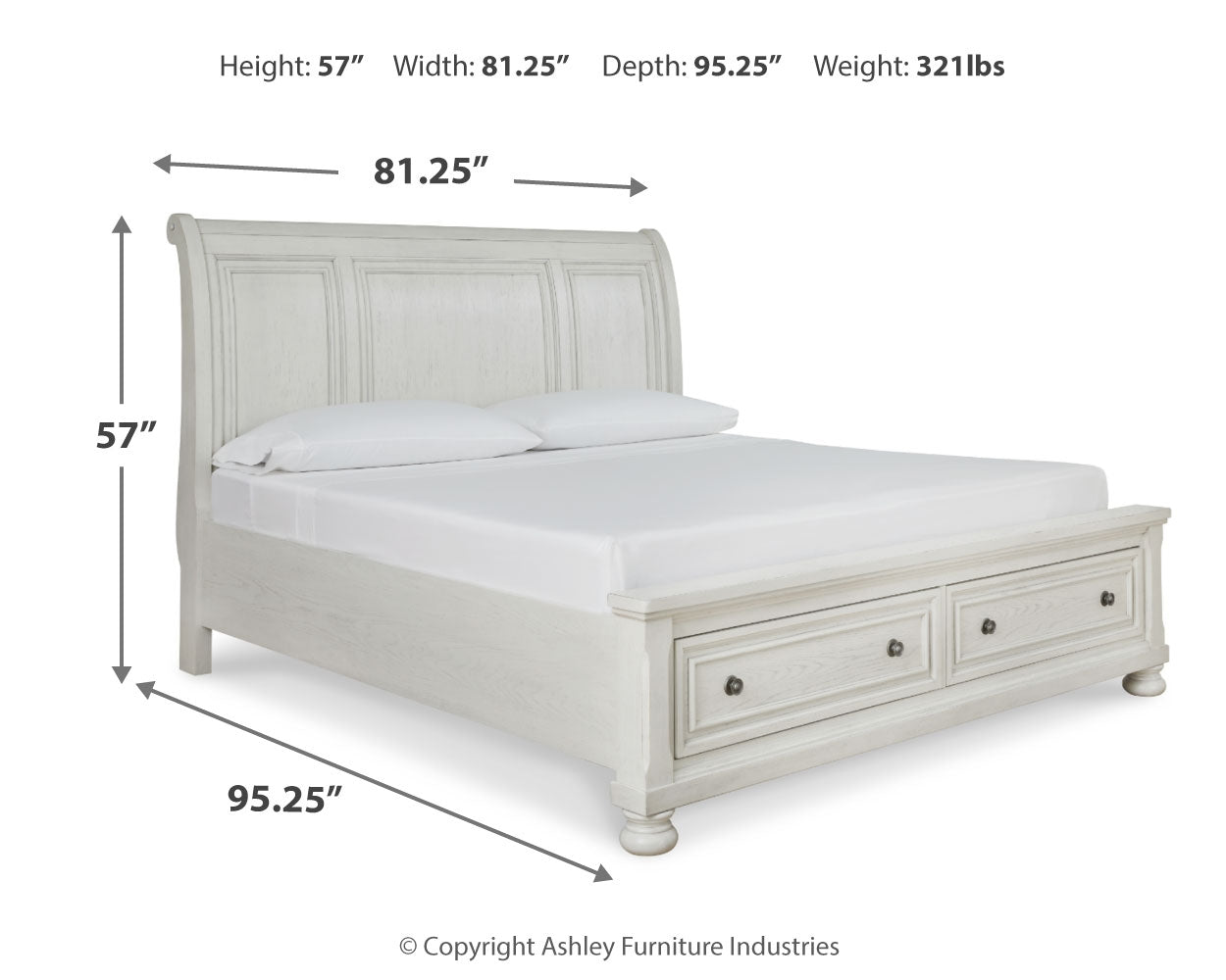 Robbinsdale White King Sleigh Storage Bedroom Set with Dresser and Mirror - Ornate Home