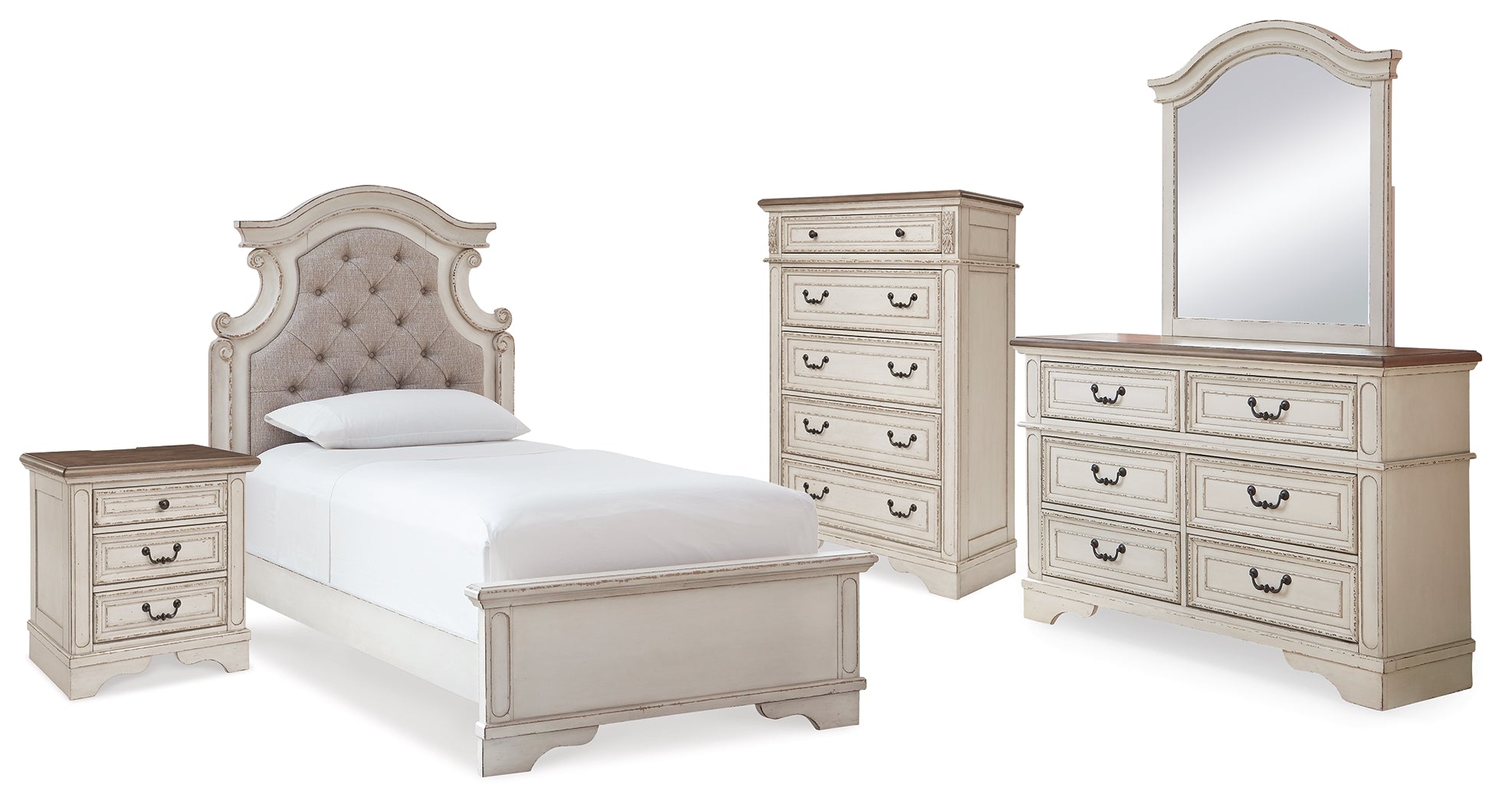 Realyn Two-tone Twin Panel Bedroom Set with Dresser, Mirror, Chest and Nightstand - Ornate Home