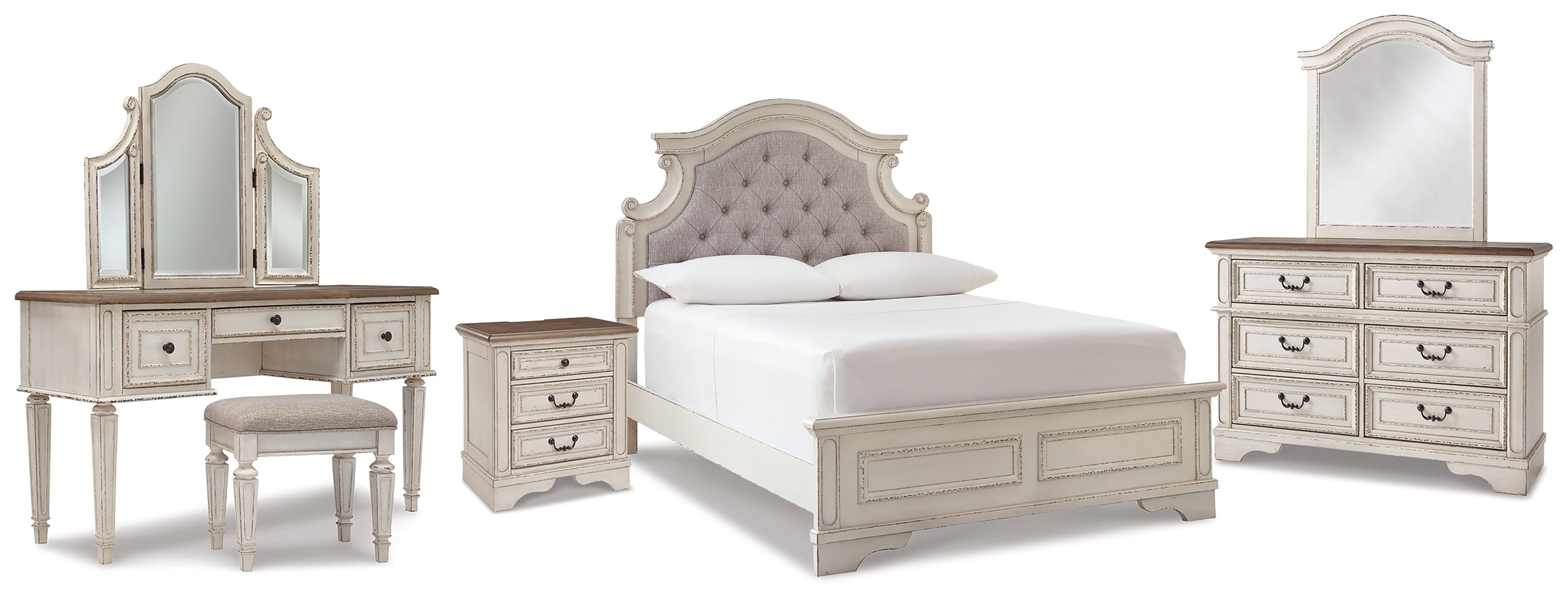 Realyn Two-tone Full Panel Bedroom Set with Dresser, Mirror, 3-Piece Vanity and Nightstand - Ornate Home