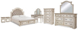 Realyn Chipped White King Storage Bed, Dresser, Mirror, Chest, Vanity with Stool and 2 Nightstands