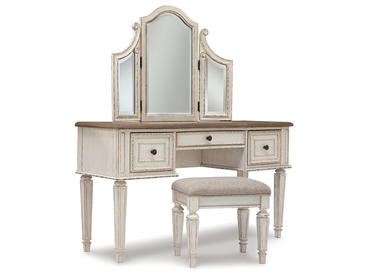 Realyn Two-tone Queen Upholstery Panel Bedroom Set with Dresser, Chest, Nightstand, and Vanity Set - Ornate Home