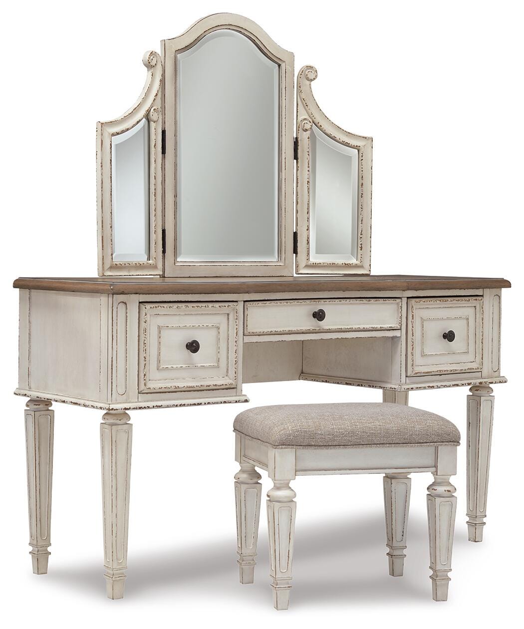 Realyn Chipped White King Storage Bed, Dresser, Mirror, Chest, Vanity with Stool and 2 Nightstands