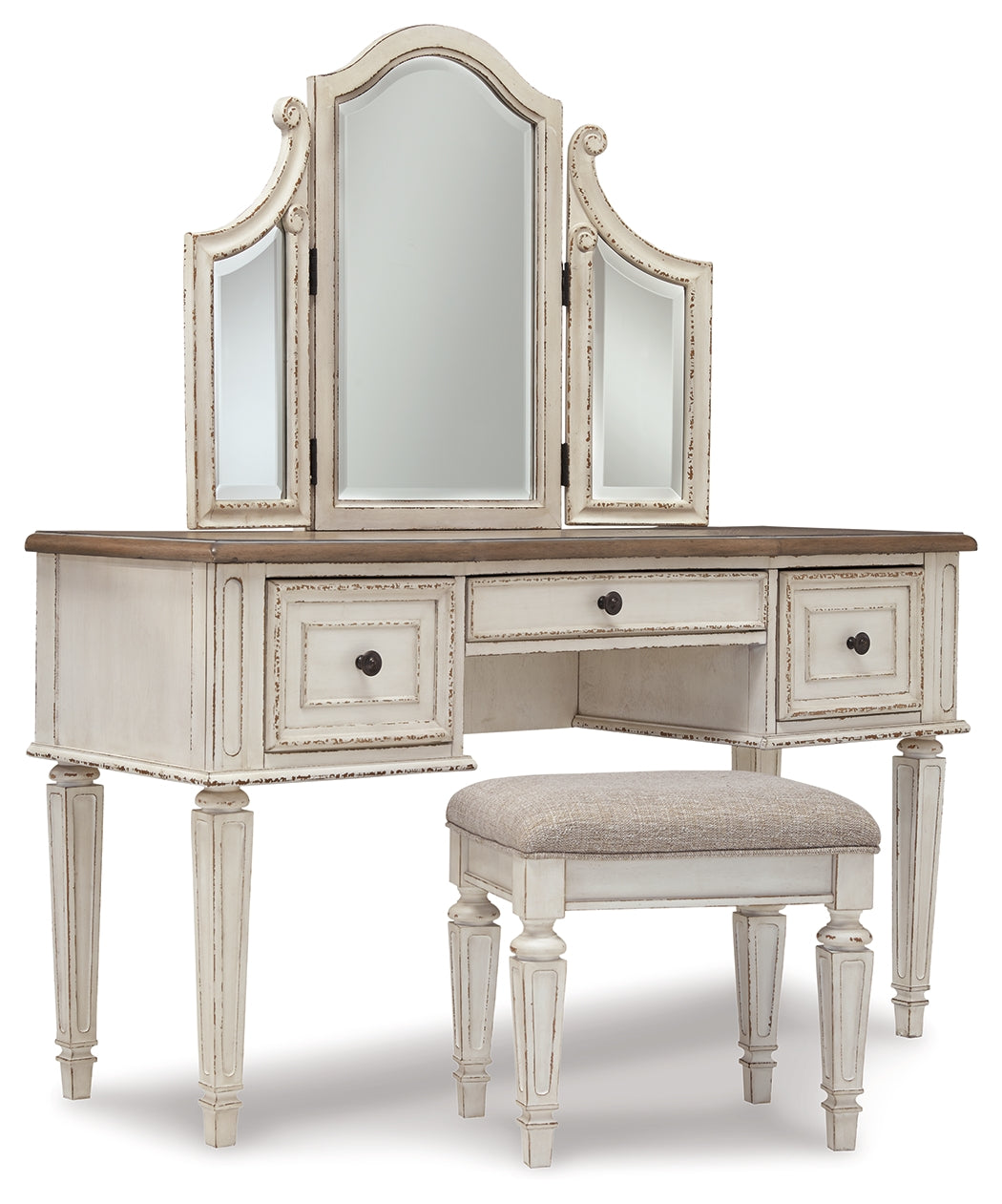 Realyn Two-tone Full Panel Bedroom Set with Dresser, Mirror, 3-Piece Vanity and Nightstand - Ornate Home