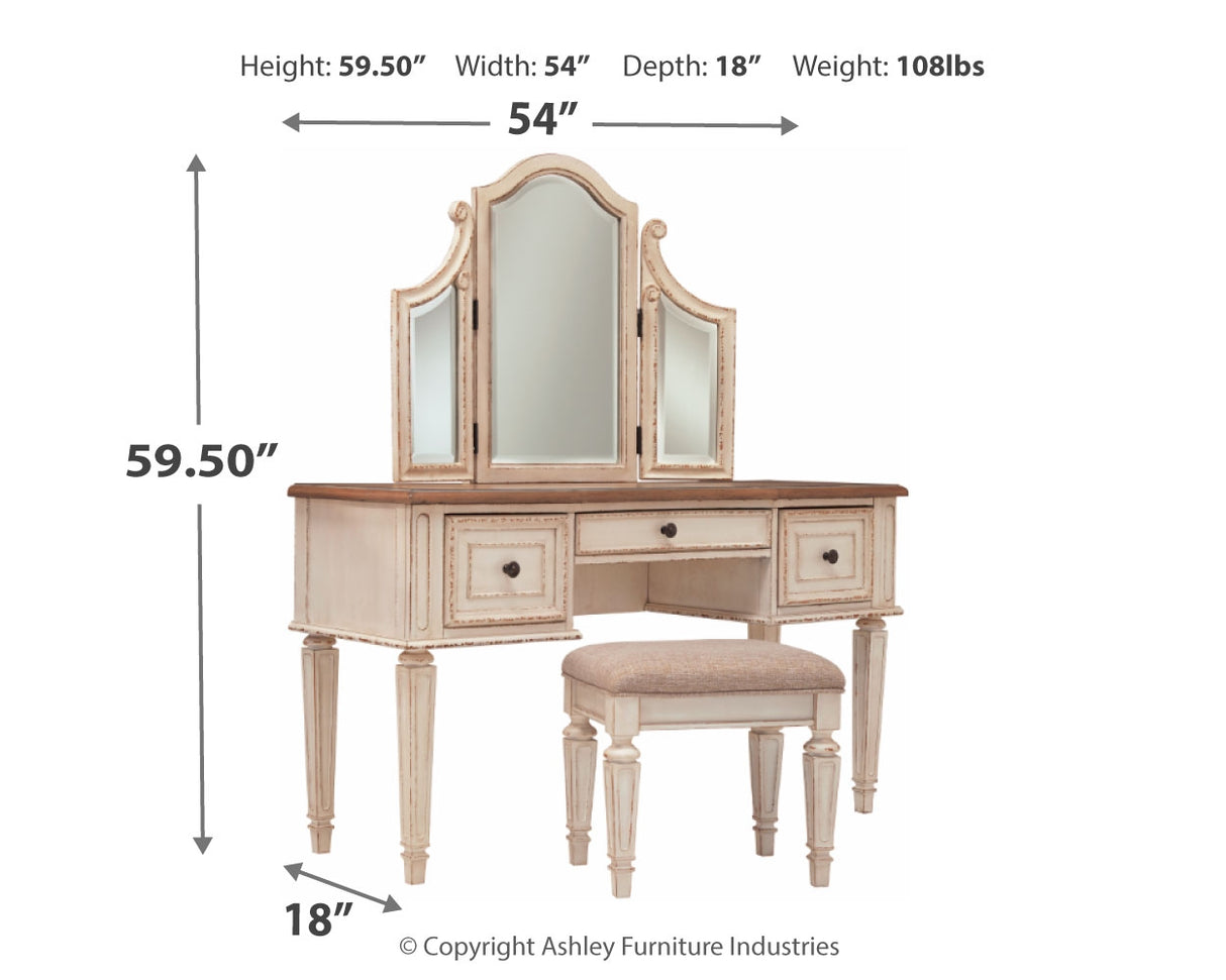 Realyn Two-tone Full Panel Bedroom Set with Dresser, Mirror, 3-Piece Vanity and Nightstand - Ornate Home