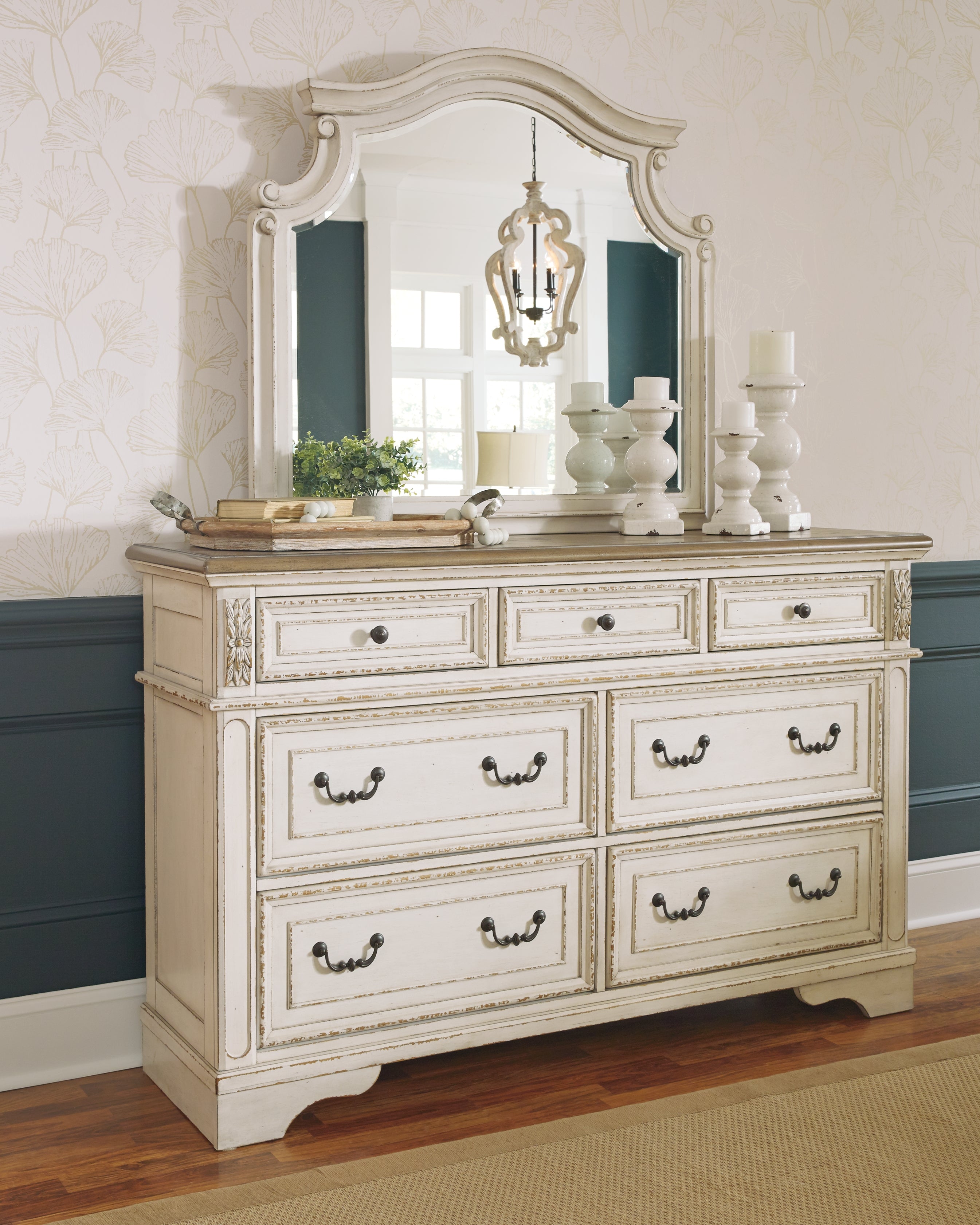 Realyn Two-tone Queen Upholstery Panel Bedroom Set with Dresser, Mirror and Nightstand - Ornate Home