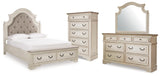 Realyn Chipped White Queen Upholstered Panel Bed, Dresser, Mirror and Chest