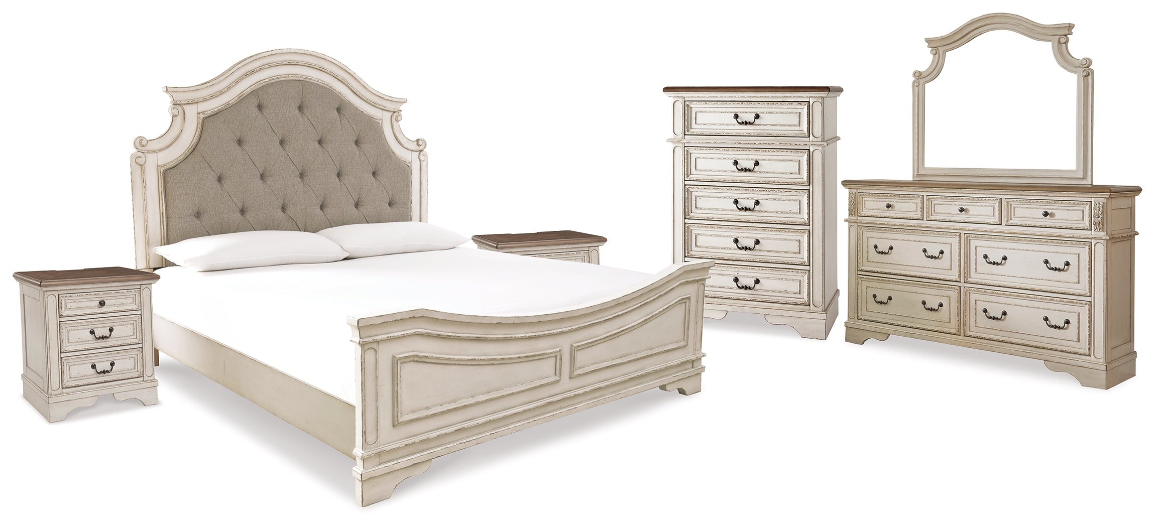 Realyn Two-tone King Upholstered Panel Bedroom Set with Dresser, Mirror, Chest and 2 Nightstands - Ornate Home