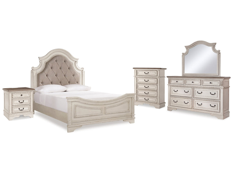 Realyn Two-tone Queen Upholstered Panel Bedroom Set with Dresser, Mirror, Chest and Nightstand - Ornate Home