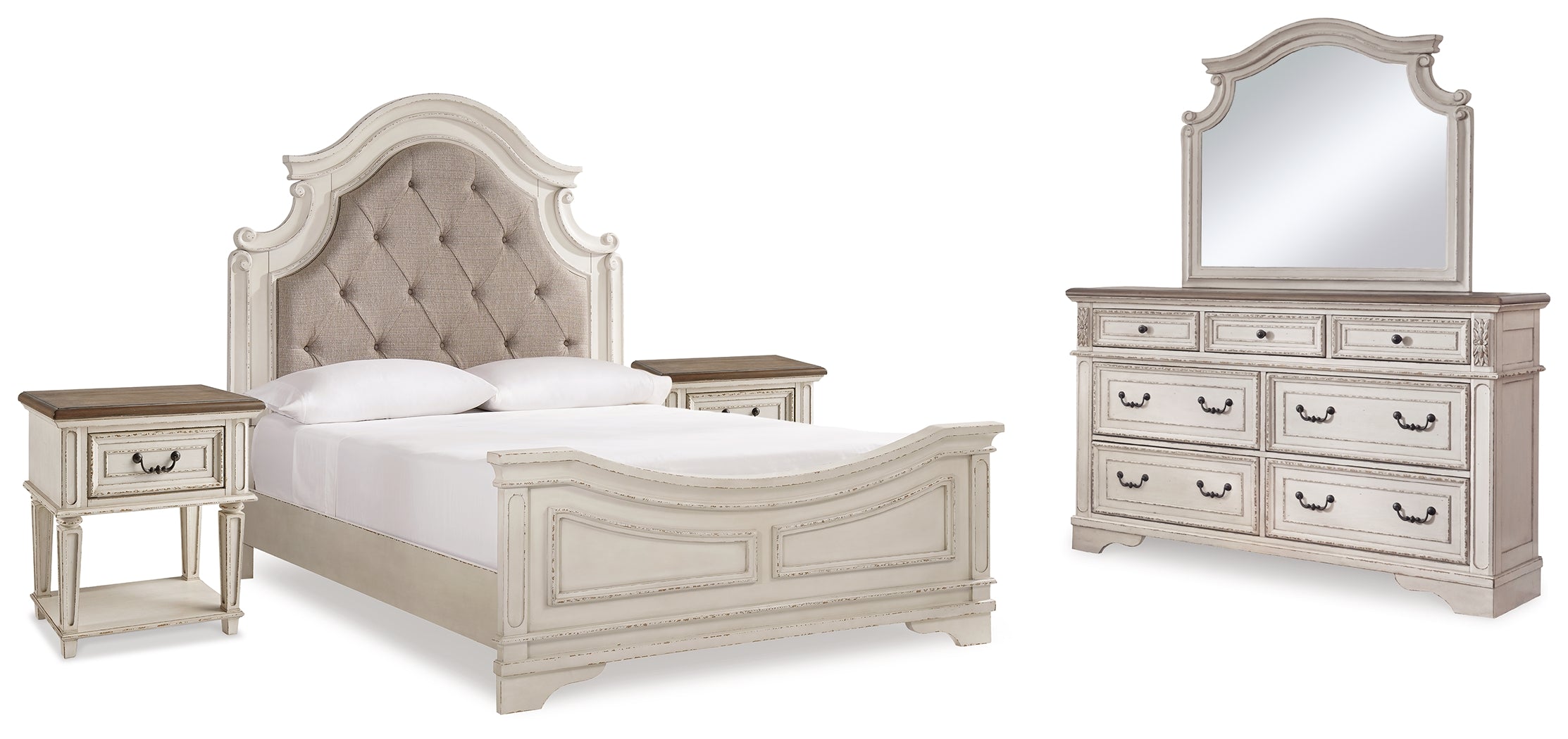 Realyn Two-tone Queen Upholstered Panel Bedroom Set with Dresser, Mirror and 2 Nightstands - Ornate Home