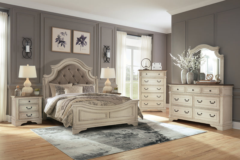 Realyn Two-tone Queen Upholstered Panel Bedroom Set with Dresser and Mirror - Ornate Home