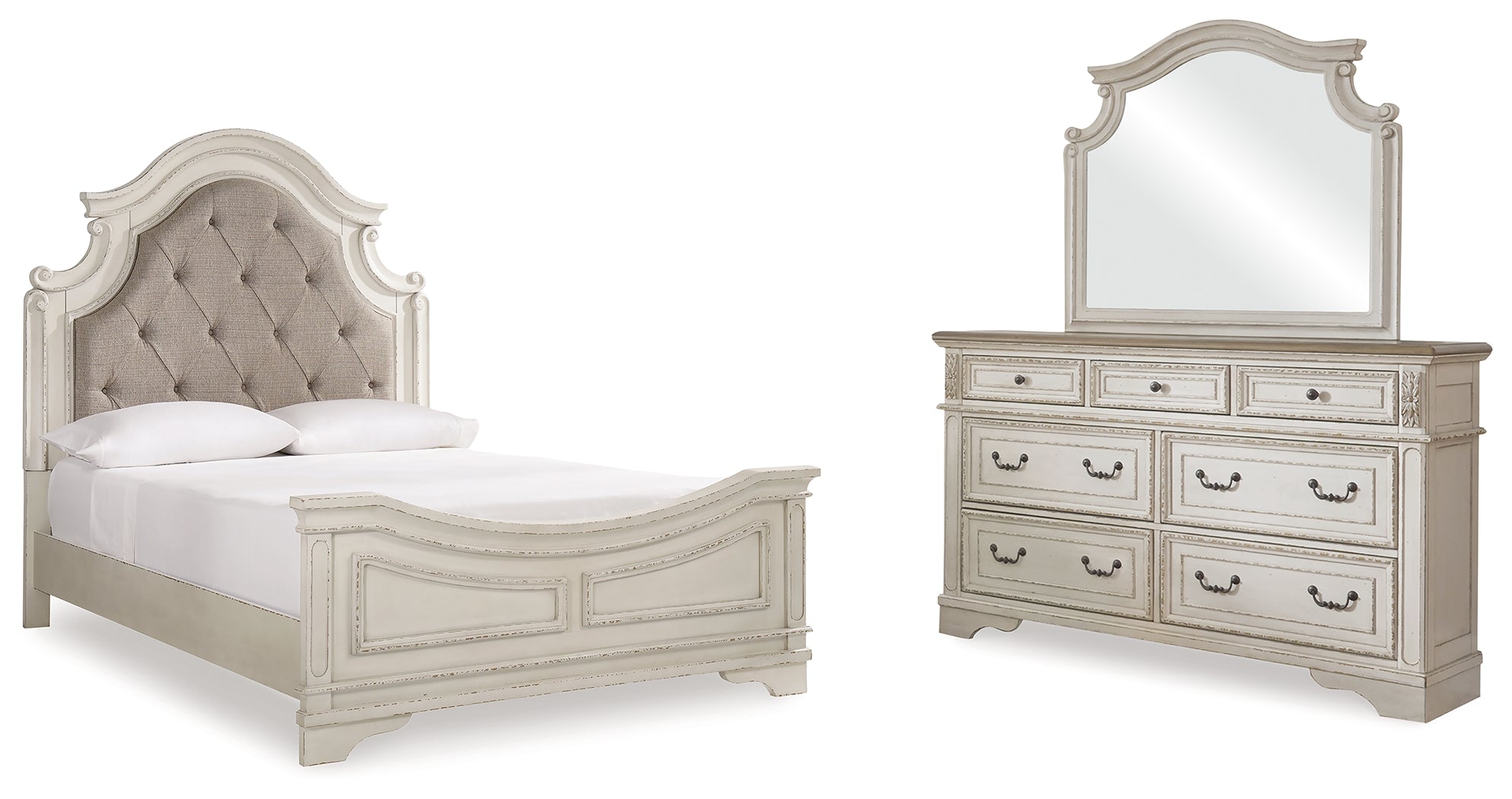 Realyn Two-tone Queen Upholstered Panel Bedroom Set with Dresser and Mirror - Ornate Home