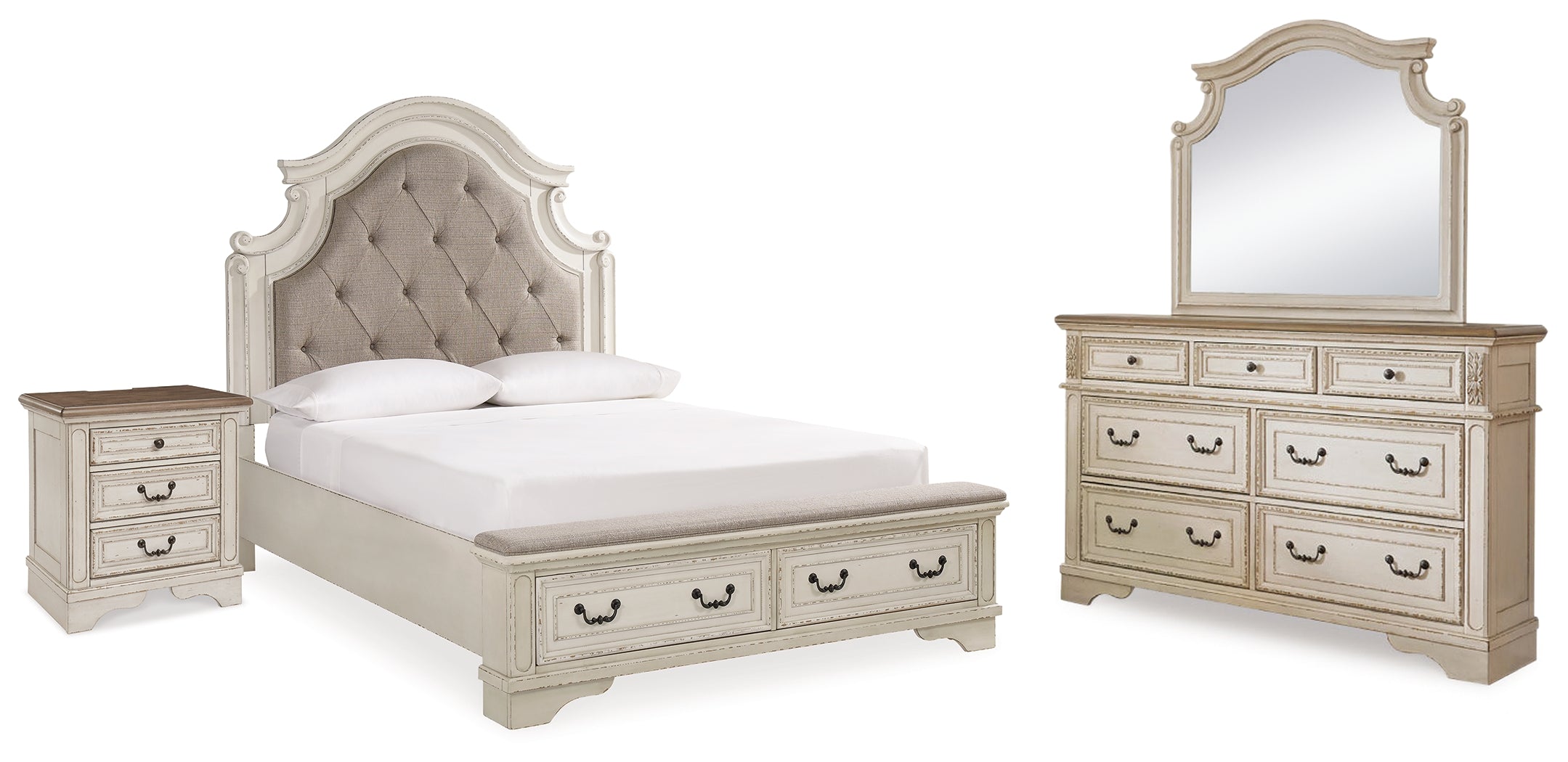 Realyn Two-tone Queen Upholstery Panel Bedroom Set with Dresser, Mirror and Nightstand - Ornate Home