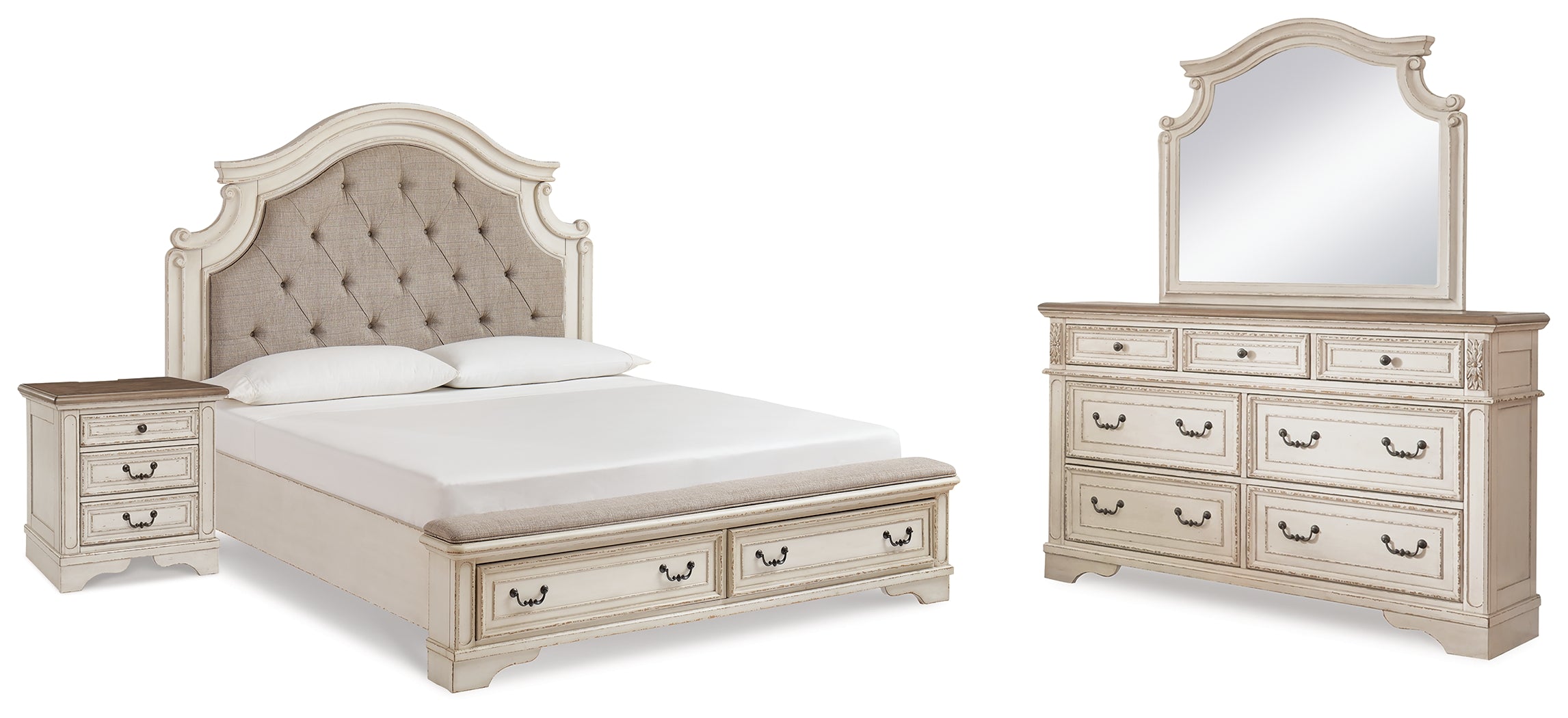 Realyn Two-tone King Upholstered Panel Bedroom Set with Dresser, Mirror and Nightstand - Ornate Home