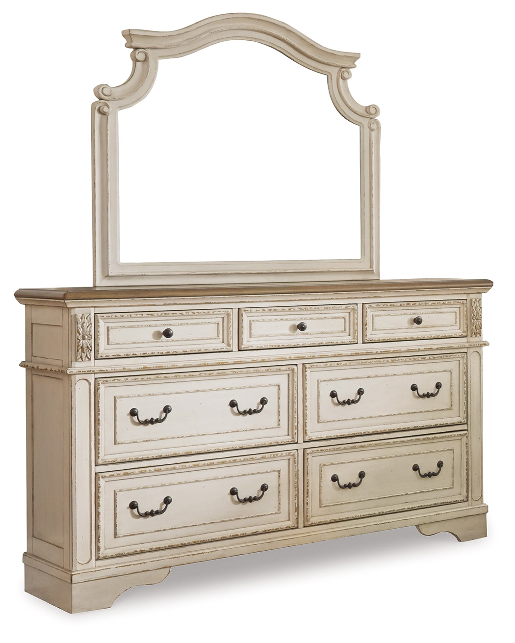 Realyn Two-tone Queen Upholstered Bedroom Set with Dresser, Mirror, Chest and Nightstand - Ornate Home