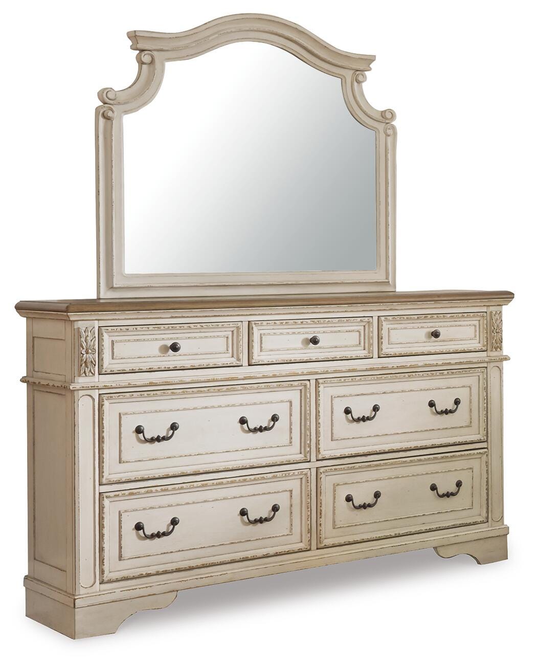 Realyn Chipped White Queen Upholstered Panel Bed, Dresser, Mirror and Chest