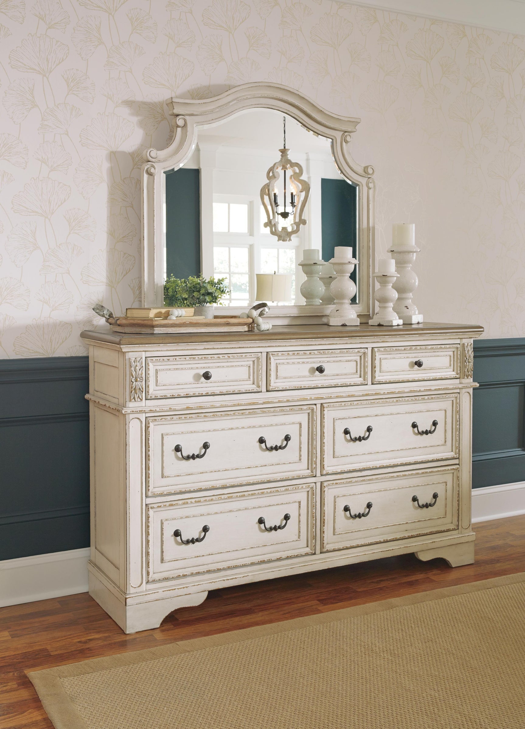 Realyn Two-tone King Panel Bed, Dresser, Mirror and Nightstand