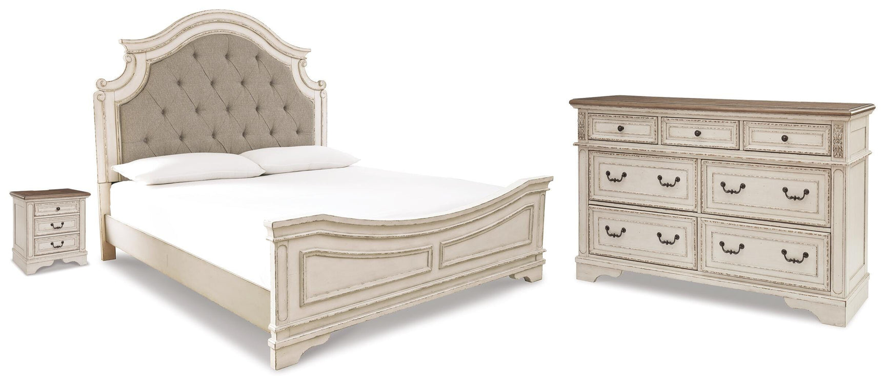 Realyn Chipped White King Upholstered Panel Bed, Dresser and Nightstand