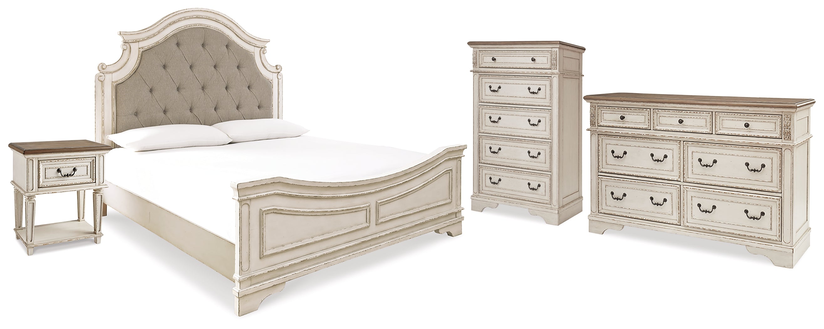 Realyn Two-tone King Upholstered Panel Bedroom Set with Dresser, Chest and Nightstand - Ornate Home