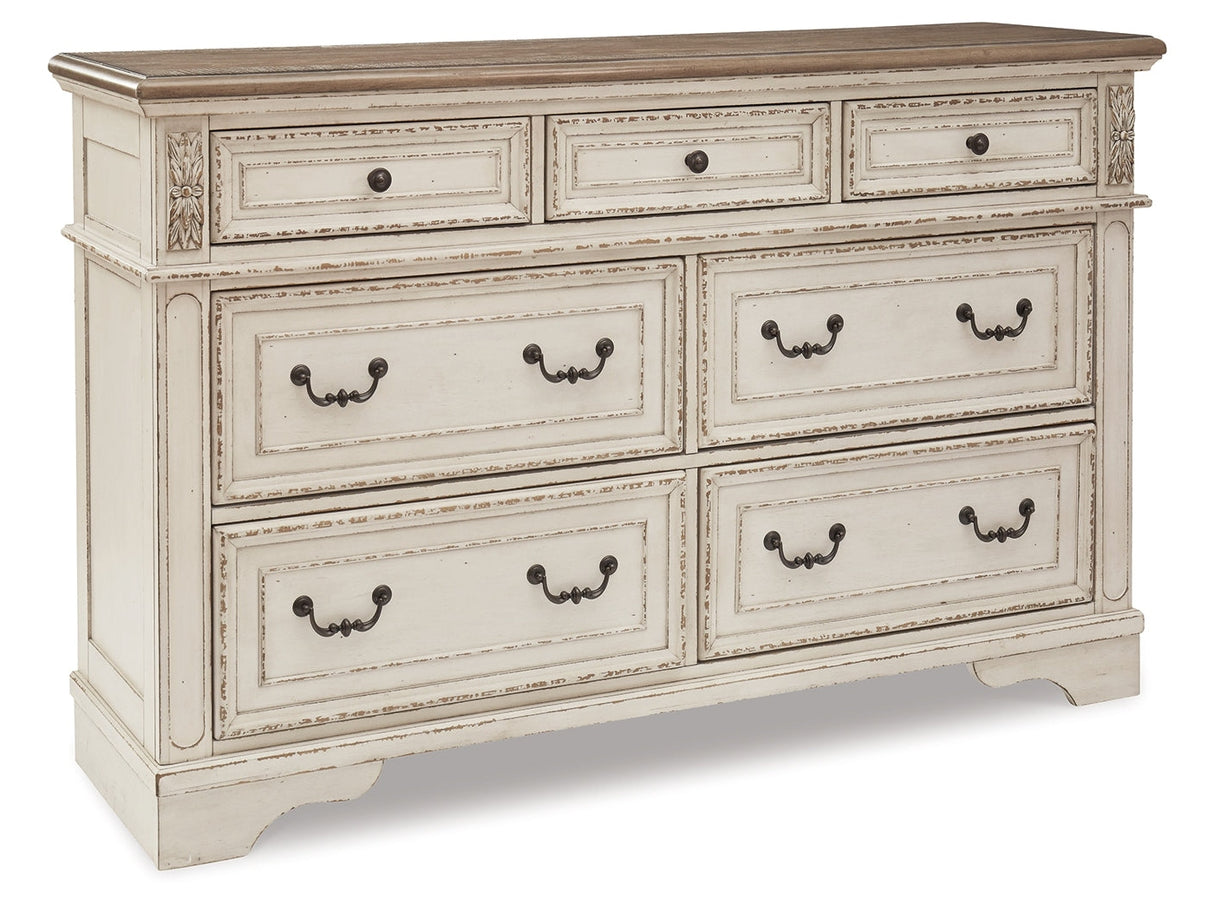 Realyn Two-tone Queen Upholstery Panel Bedroom Set with Dresser, Chest, Nightstand, and Vanity Set - Ornate Home