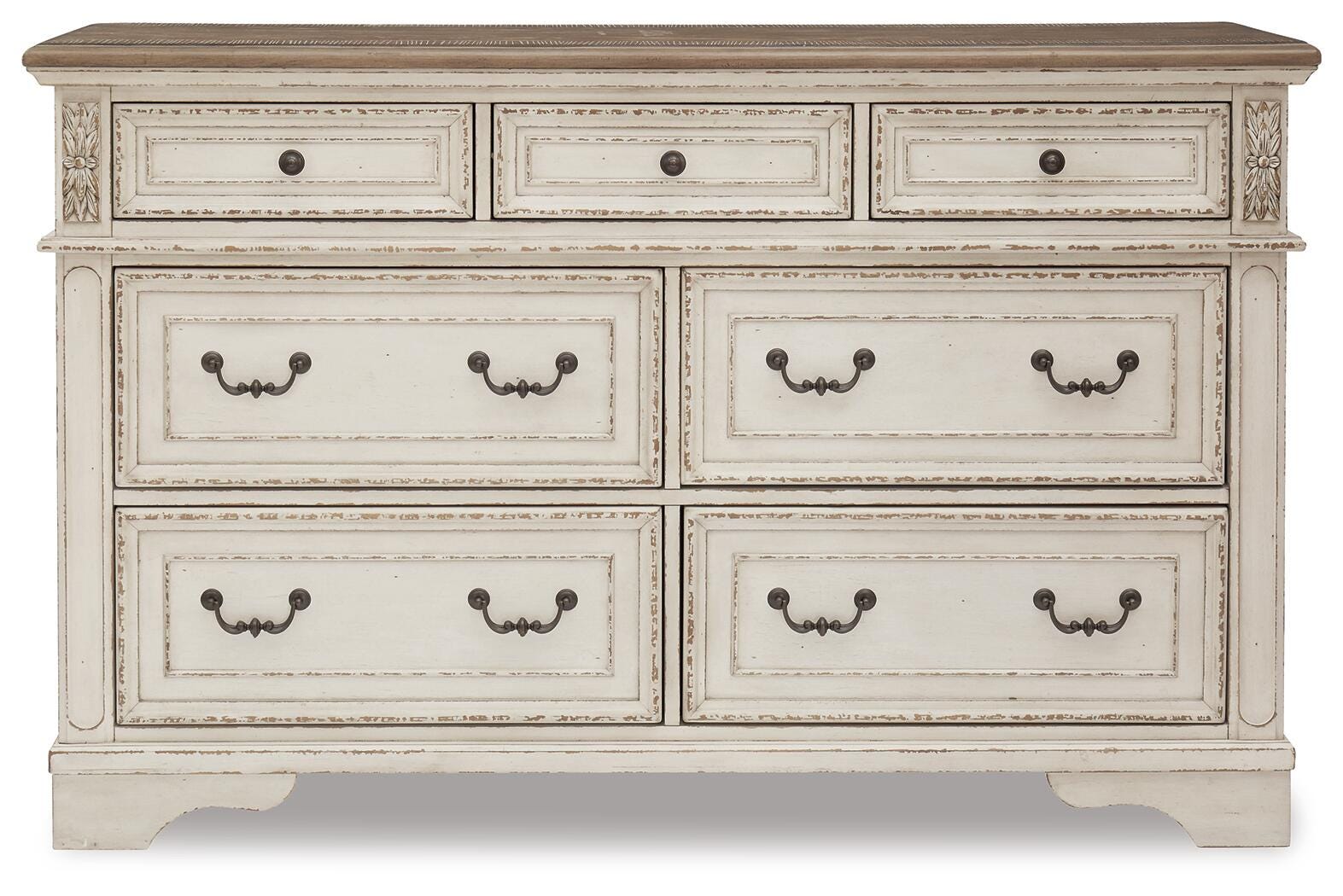 Realyn Chipped White King Upholstered Panel Bed, Dresser and Nightstand