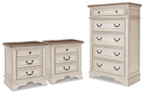 Realyn Chipped White Chest and 2 Nightstands