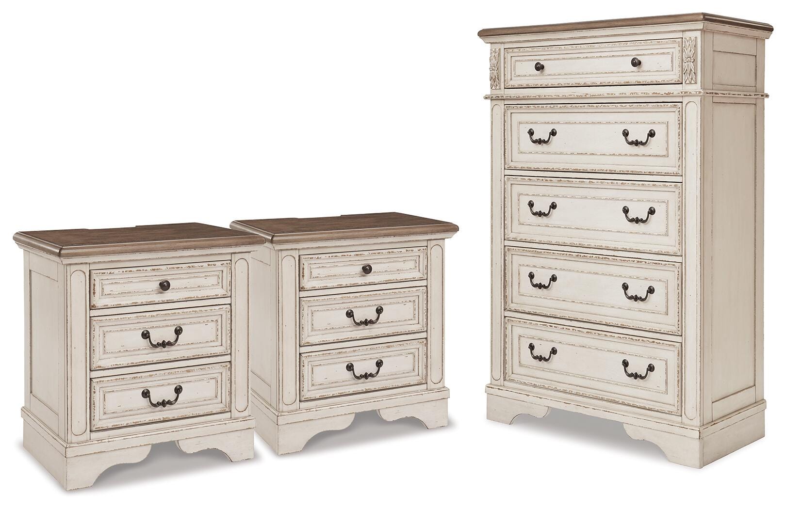 Realyn Chipped White Chest and 2 Nightstands