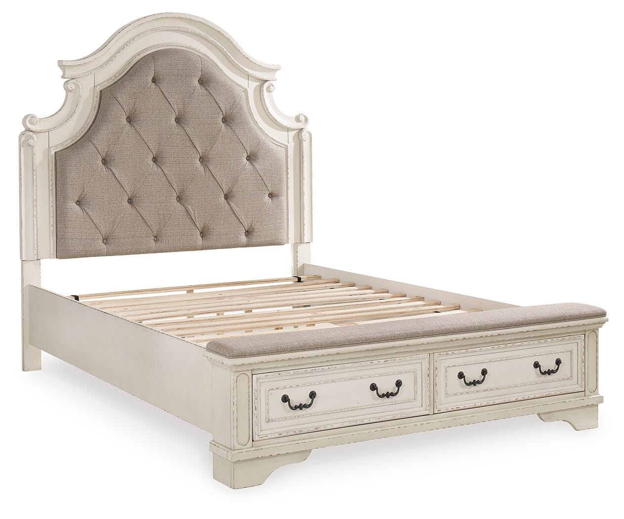 Realyn Chipped White Queen Upholstered Panel Bed, Dresser, Mirror and Chest