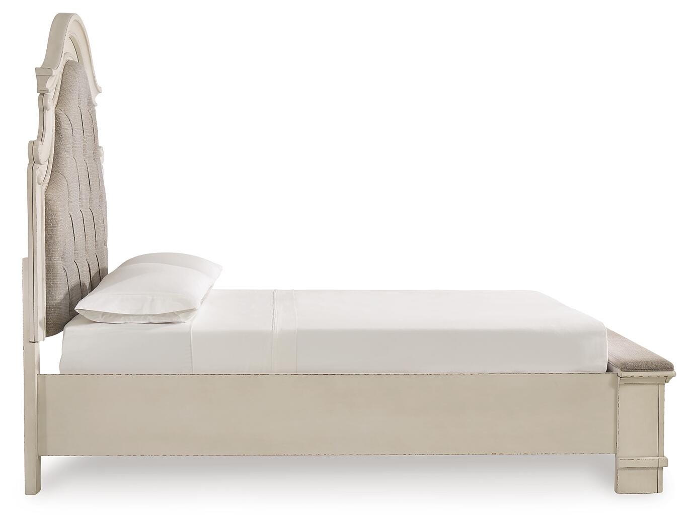 Realyn Chipped White Queen Upholstered Panel Bed, Dresser, Mirror and Chest